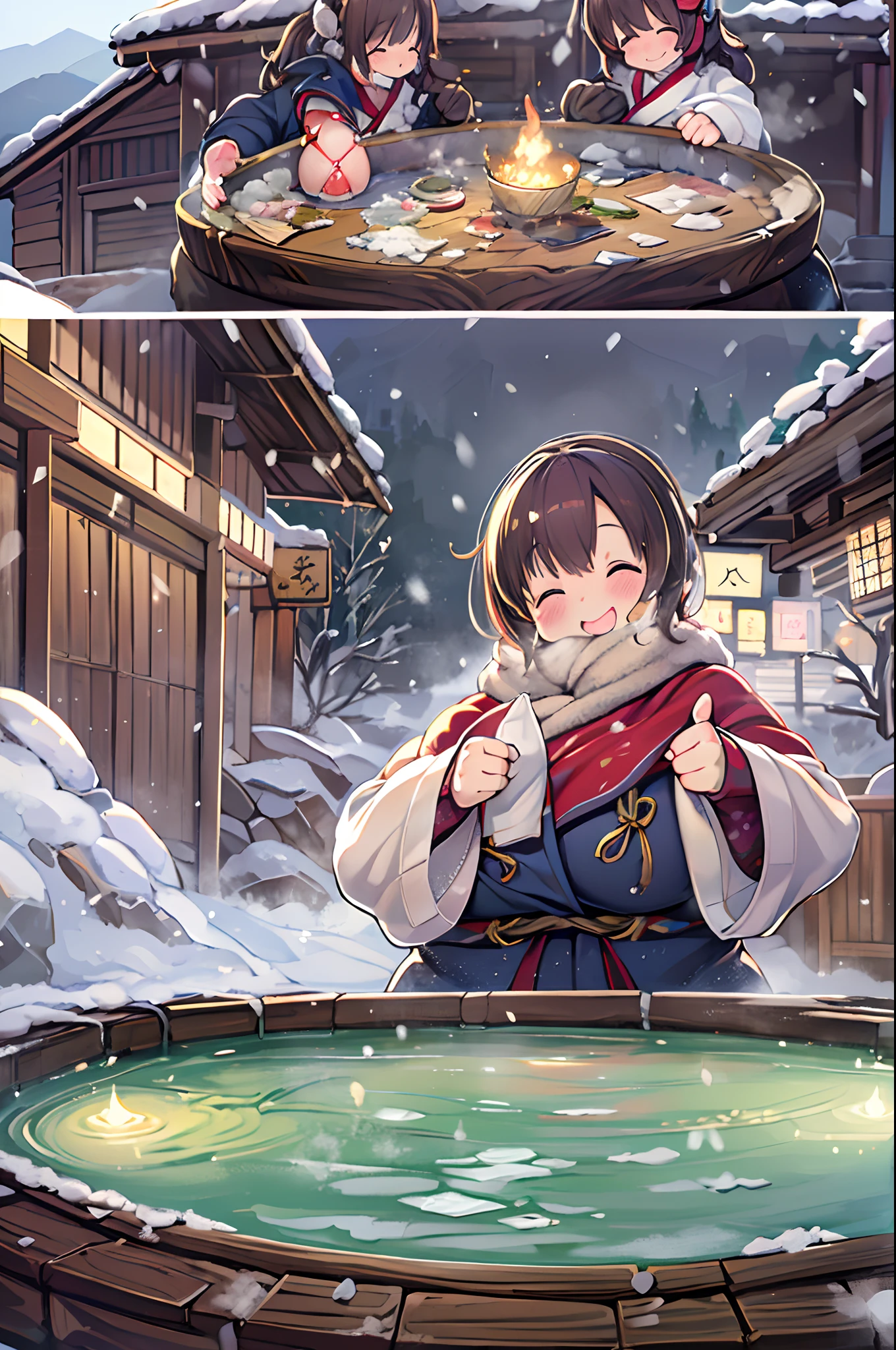 masutepiece, Best Quality, 1人、huge-breasted、bbw、Holding (sake)1.5、Thumbs up、huge smile、in onsen,outdoors, rock, steam,in snow