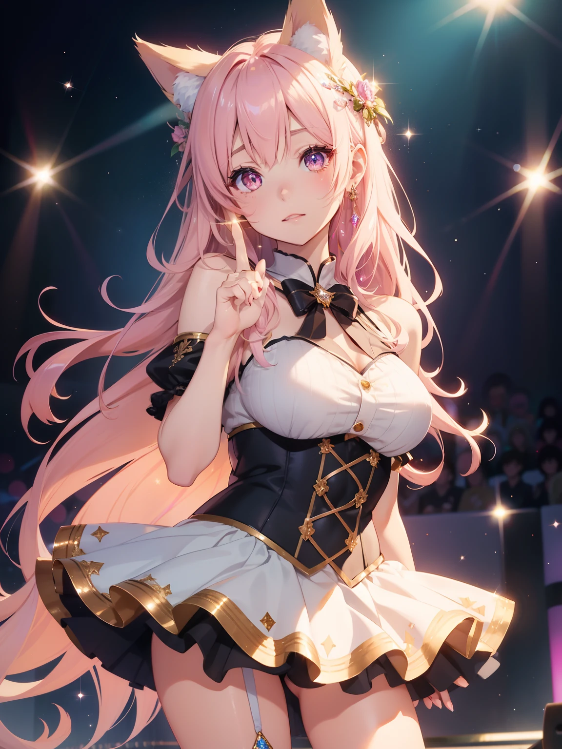 masutepiece, High resolution, 8K, anime woman, Delicate and detailed writing 、Detailed digital illustration、Wolf ears、Very long hair and shiny、Bangs、a very beautiful woman、Eyes are double, Large, Bust is D cup、High image quality, High quality、Detailed background、(((Wearing idol clothes)))、((Glittering live stage backdrop))、The inside of the eye shines like a diamond、Light pink hair、Gradient pupil、(((2 arms、4 fingers, 1 thumb)))、Detailed female face、Very beautiful and cute woman、、细致背景、​masterpiece、Soft Focus , Bright gradient watercolor , Lens Flare , (((Glitter))) , Glow , Dreamy , Holding a microphone in hand、a miniskirt、Nothing at hand、Idol、Pink ribbon、Very beautiful golden hair accessories、Panchira、Detailed underwear