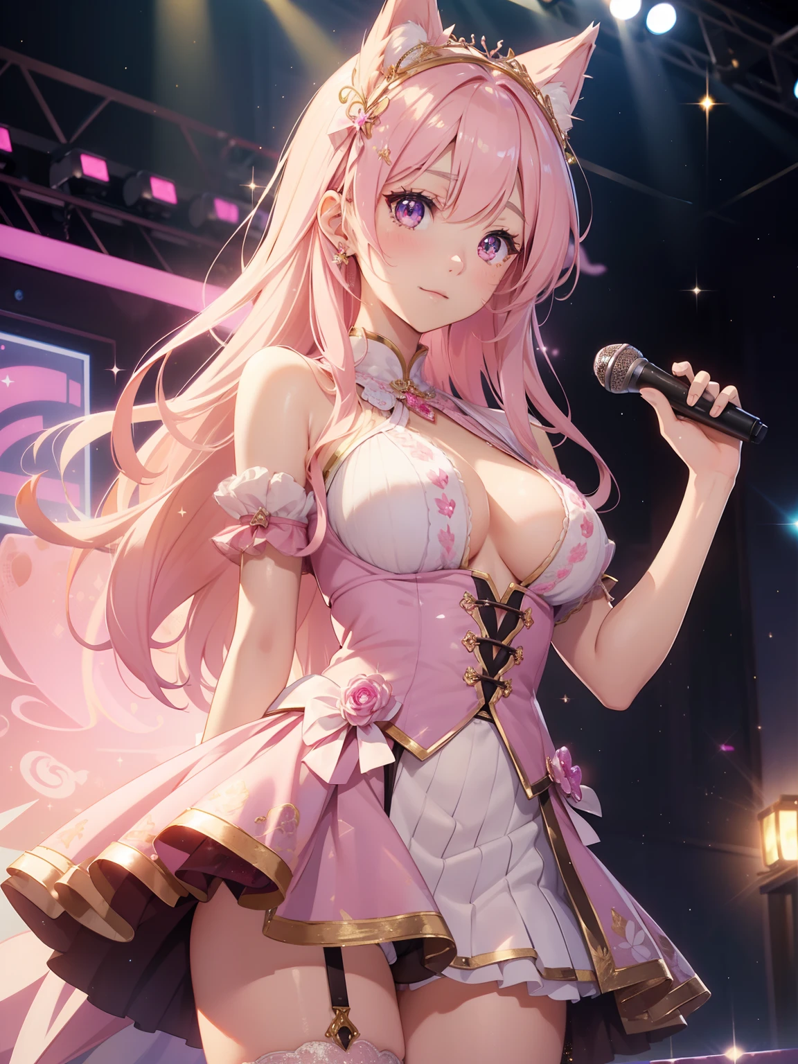 masutepiece, High resolution, 8K, anime woman, Delicate and detailed writing 、Detailed digital illustration、Wolf ears、Very long hair and shiny、Bangs、a very beautiful woman、Eyes are double, Large, Bust is D cup、High image quality, High quality、Detailed background、(((Wearing idol clothes)))、((Glittering live stage backdrop))、The inside of the eye shines like a diamond、Light pink hair、Gradient pupil、(((2 arms、4 fingers, 1 thumb)))、Detailed female face、Very beautiful and cute woman、、细致背景、​masterpiece、Soft Focus , Bright gradient watercolor , Lens Flare , (((Glitter))) , Glow , Dreamy , Holding a microphone in hand、a miniskirt、Nothing at hand、Idol、Pink ribbon、Very beautiful golden hair accessories、Panchira、Detailed underwear