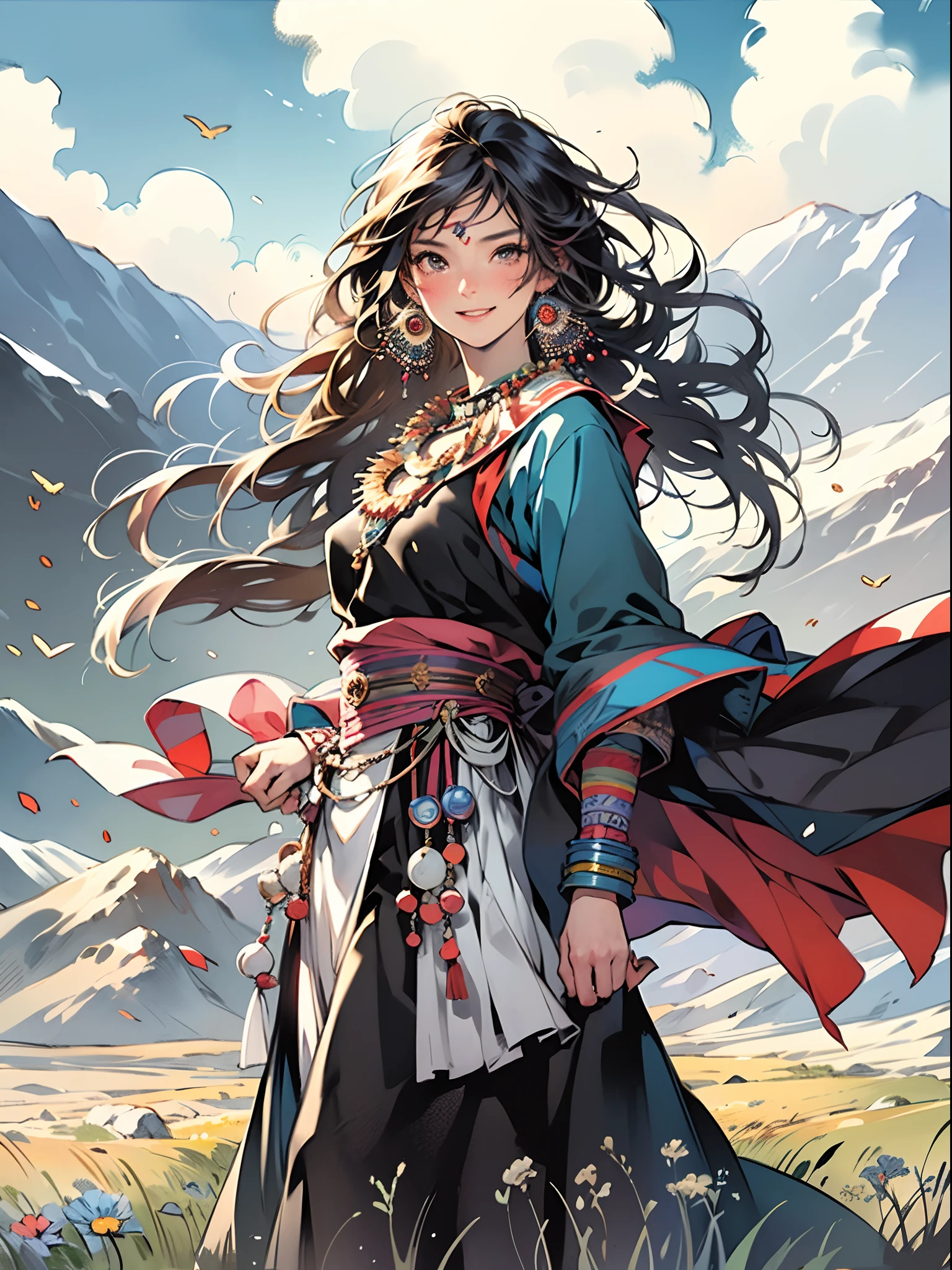 Masterpiece,best qualityer,1girll, Smile, full bodyesbian, ((tibetan)),  Front view, Dancing, large grassland, Sunset, Sun, Wind, Floating hair, Mountain,Yak