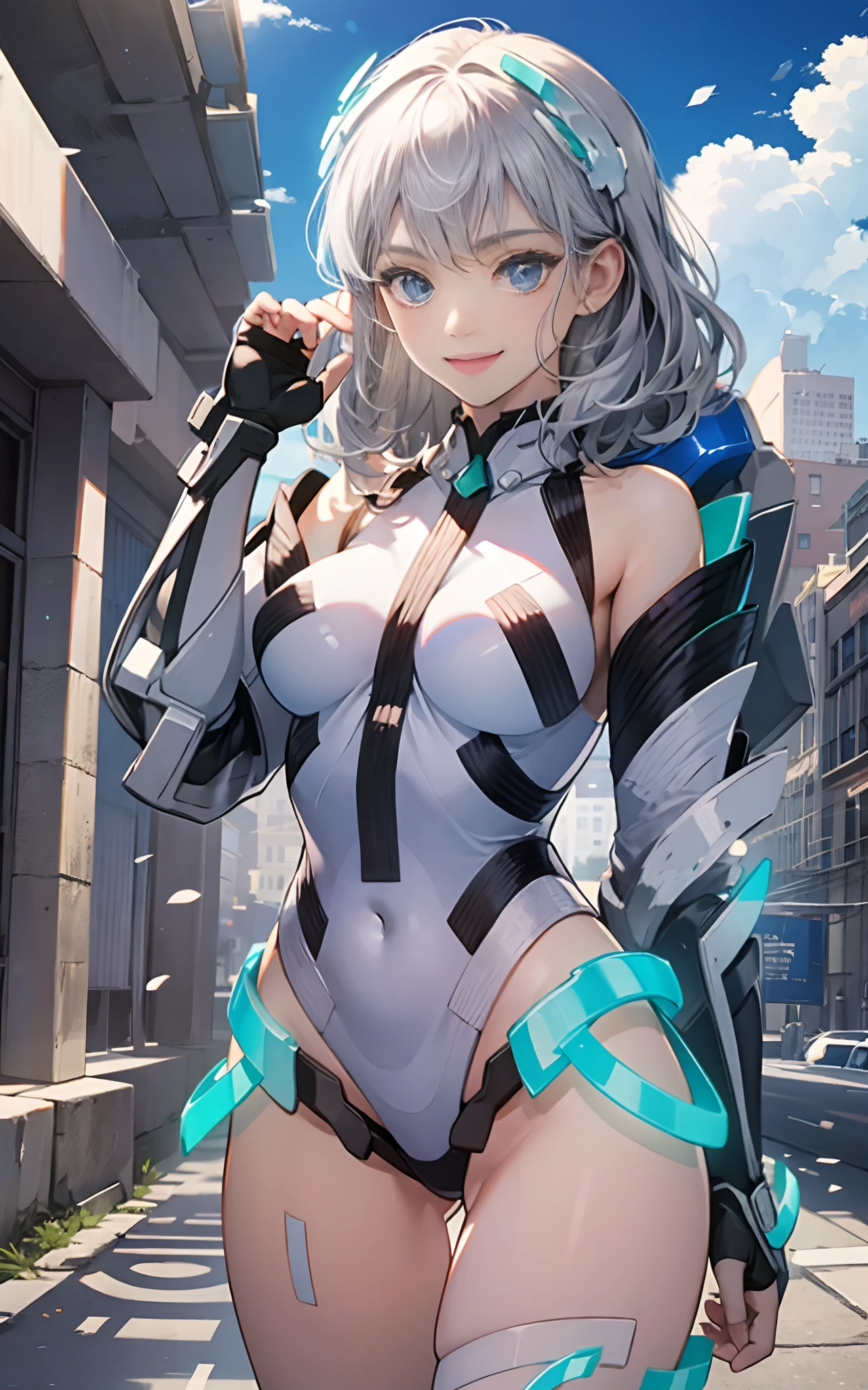 light smile, deva battle suit, outdoors, silver hair, bobhair, blue eyes, waistshot