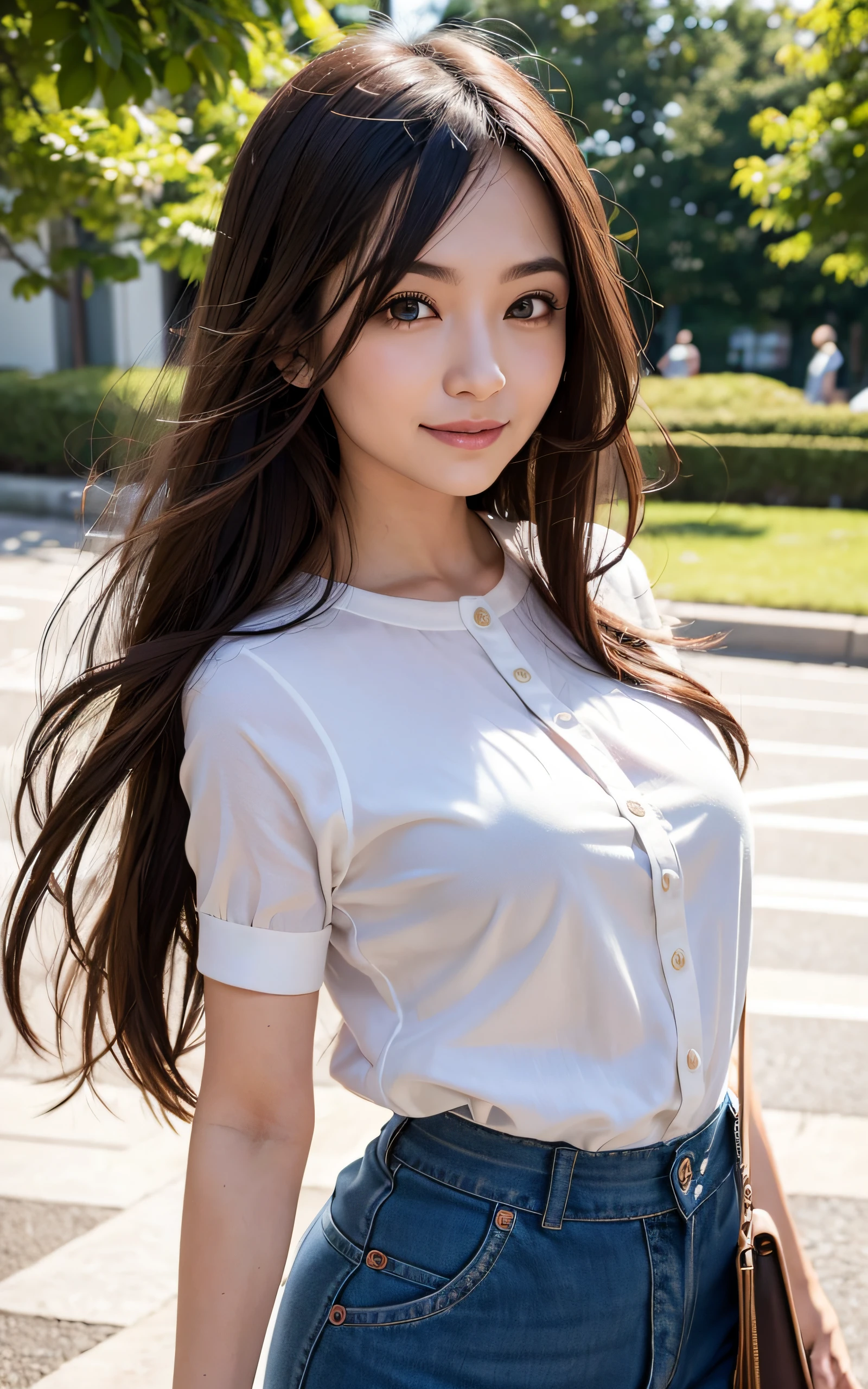 masutepiece, ultra-detailliert, Best Quality, raw phote, (Photorealistic:1.1), Insanely detailed, 1girl, Beautiful, Cute, blouse, ennui, open mouth slightly, smile, medium hair, How the ends of the hair are blown up by the wind, (Brown eyes), pale skin, from the front side, Soft light, depth of fields ,park, crowd of people