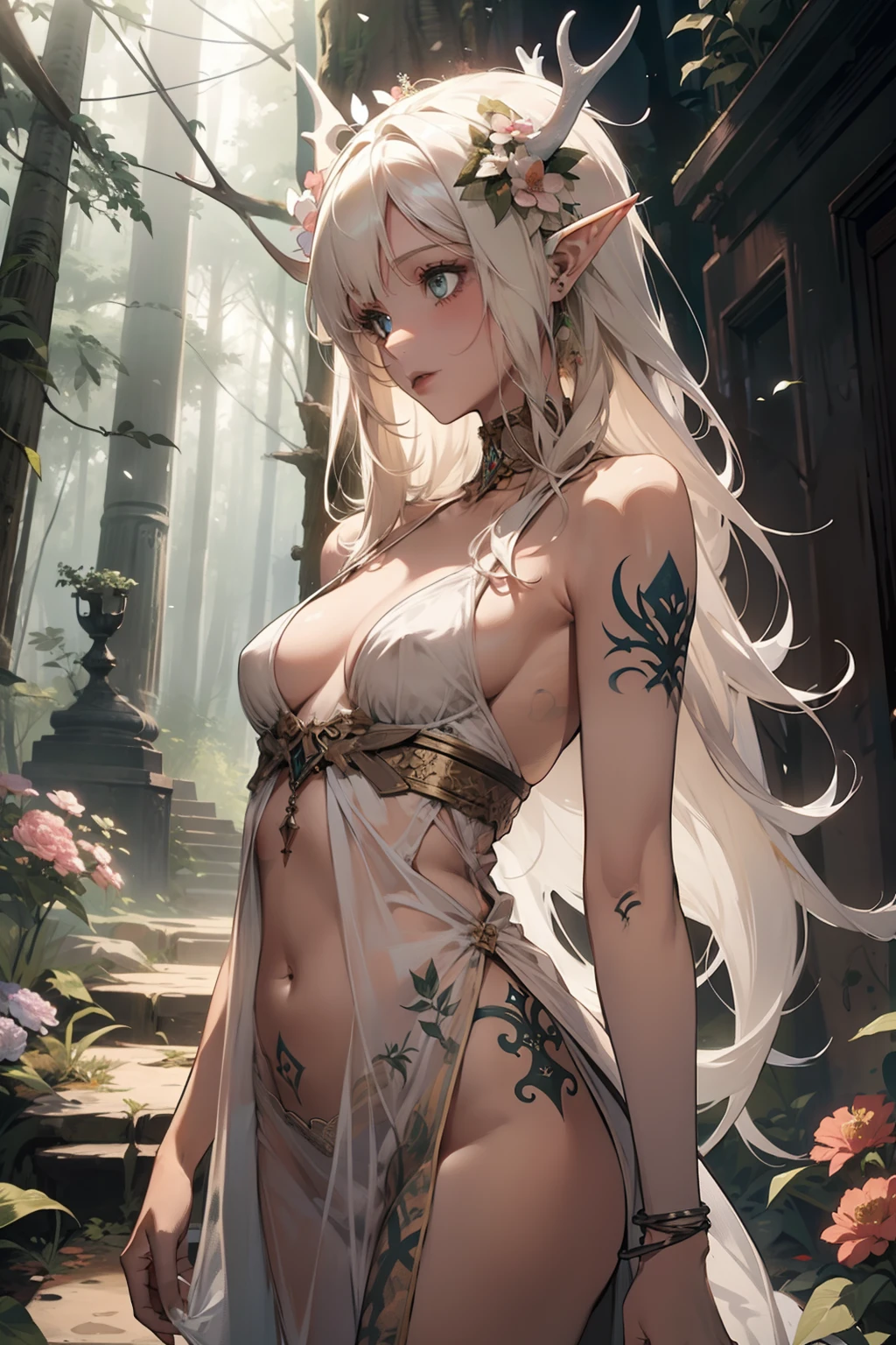 1 girl, adult elf, platinum blond hair, small breasts, quiet, white dress,  tattoos, forest nymph, antlers and flowers in hair, in a fantasy forest,