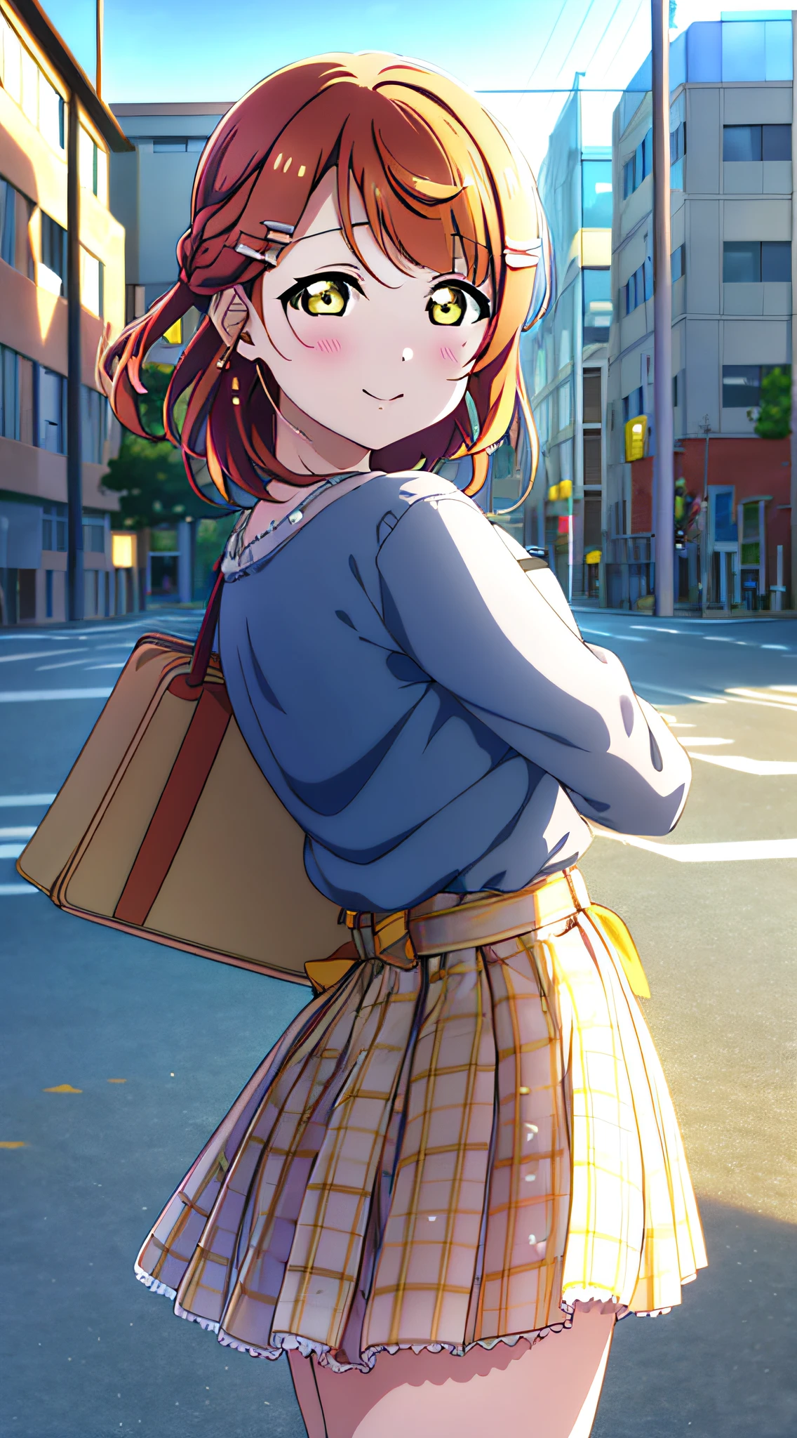 (best quality), (HD),high quality, best quality, masterpiece, ayumu uehara, 1girl, Anime-style color grading, bushiroad studio coloring style, yellow eyes, medium hair, sunny day, school, class, reading books, side of the windows, japan summer school uniform, exited