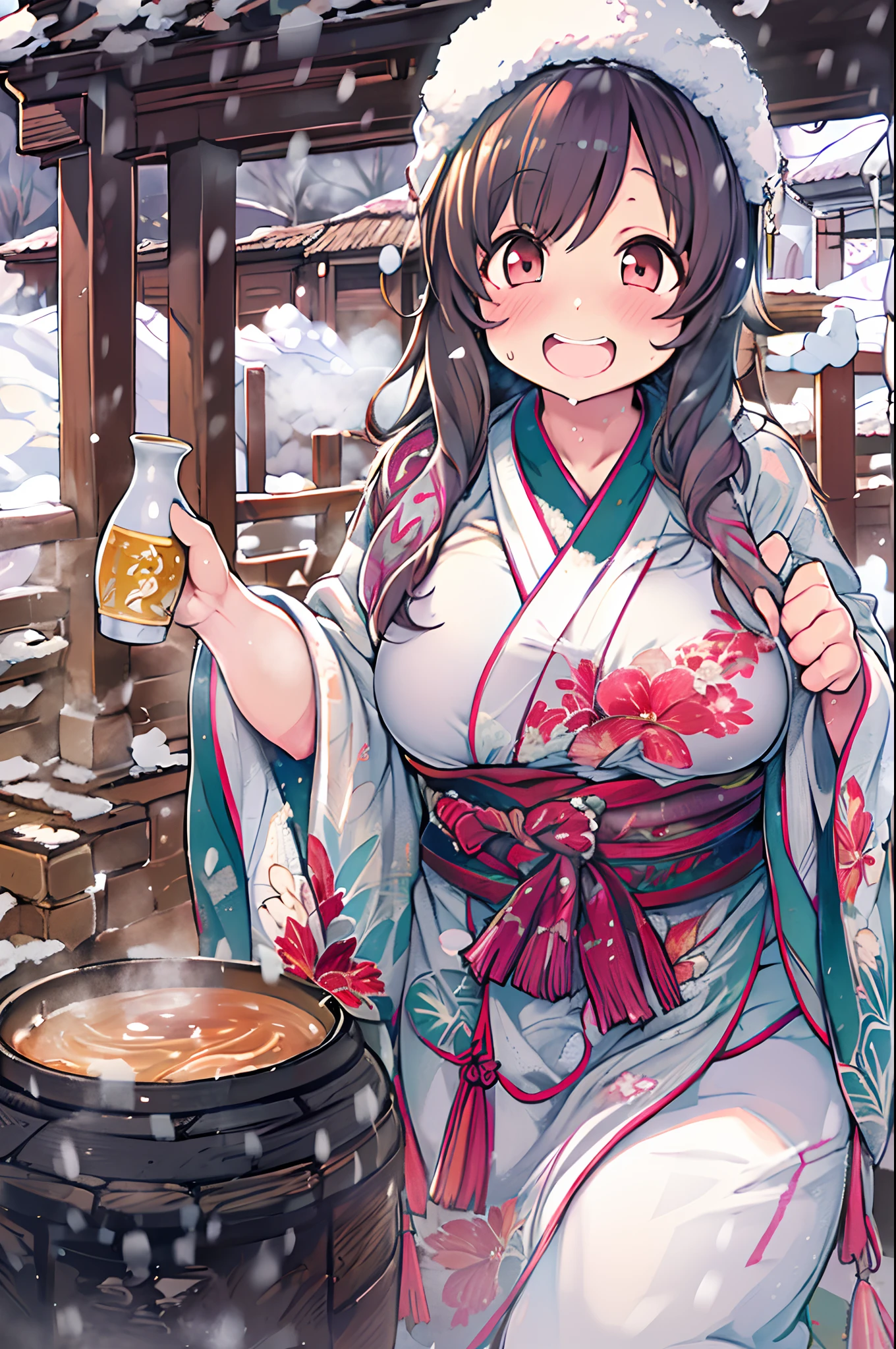 (nude, naked, 1girl, solo, ,large breasts) ,yunyun, crown braid, hair ornament, hair bow, brown hair, red eyes, , nipple , nsfw,, (wearing nothing:2),naked, large breasts, crying ,, ,blue sky, heavy snowfall. cooking, sea