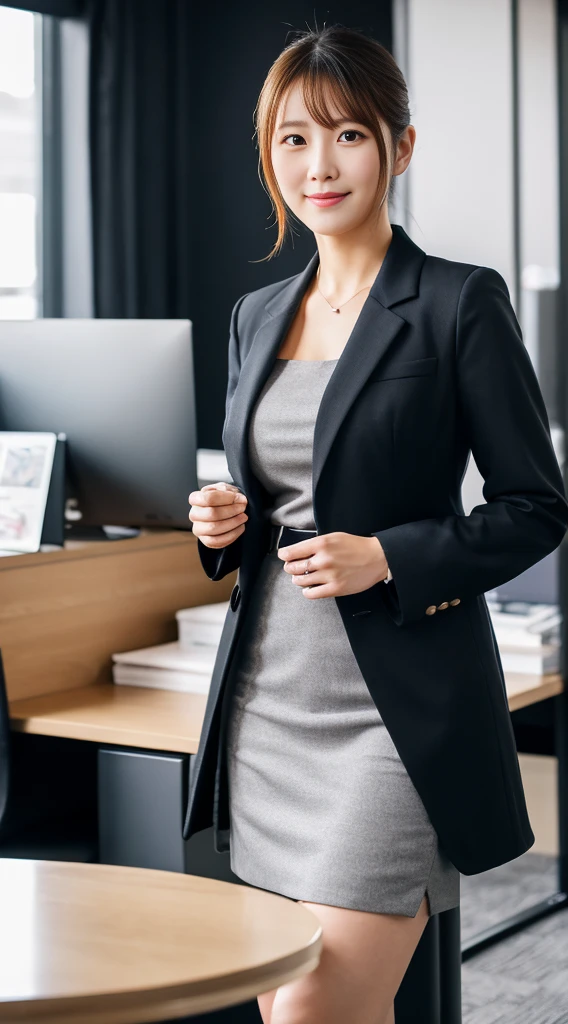 Best Quality, High Quality,Ultra Quality, 8k portrait ,Japanese woman,30 years old,new employee ,large breasts ,side poneyTail,black Business women's suit skirt,full body,In the office