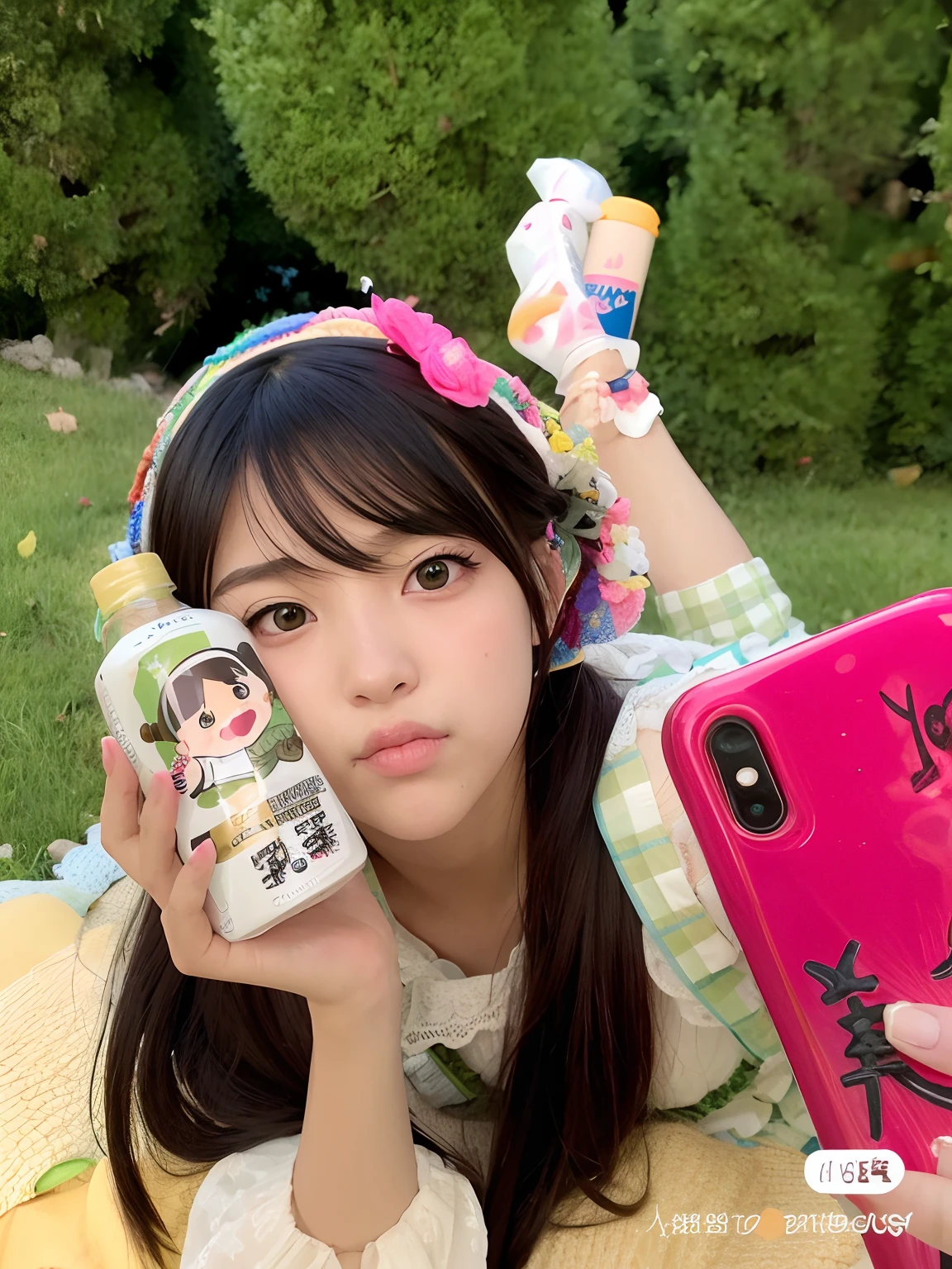 Muchacha acostada sobre una manta sosteniendo una botella de leche, anime girl drinks energy drink, Linda chica kawaii, Hermosa Delphine, Ruan lindo vtuber, soda themed girl, 8k selfie photograph, Shikamimi, ulzzang, loli, Retrato realista kawaii, kawaii aesthetics, Lalisa Manobal, Cute pocelain doll