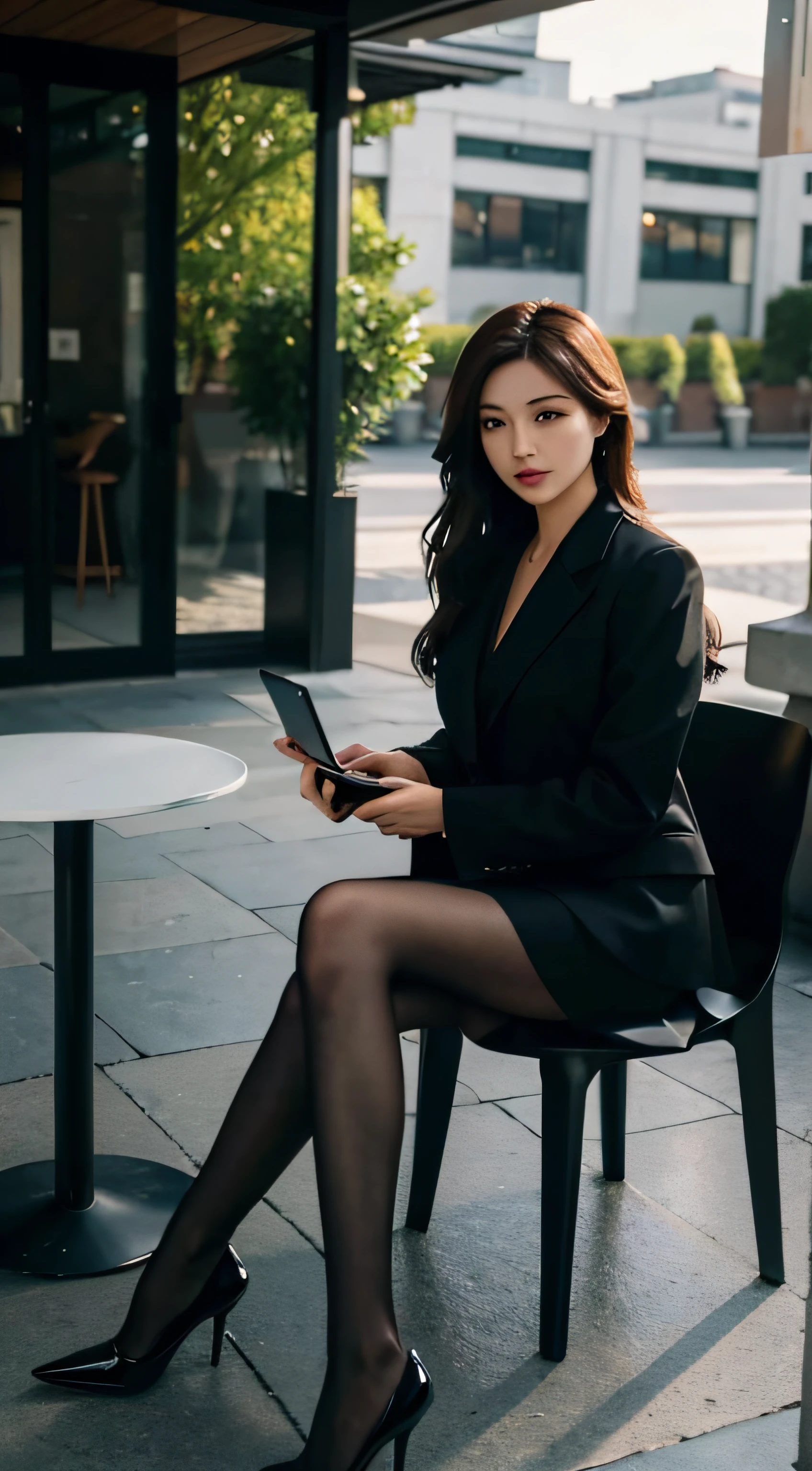 (Masterpiece), ((Best quality)), (Full body portrait),(Masterpiece,Best quality,offcial art,Extremely detailed Cg Unity 8K wallpaper), , Beauty photo, A lady,Solo,Elegant upper-class elite secretary in a business shirt,Perfect look,Double eyelid eyes,Delicate makeup,(sideview:1.3),work with concentration,(working on laptop:13),Outdoor, coffee, (outdoor teahouse:1.3)wearing a strict business suit, Wear pantyhose,Wear high-end heels,Girl in shirt, dressed in a suit, huge tit,full bodyesbian,dressed in a suit, dressed in a suit, Merchant, Business clothes, wearing black suits, Wear a shirt and skirt, Woman in a suit, Business attire,Computer chair,Seated,Erlang legs,(high-heels),brightly,Complicated details,Foot focus,From below,