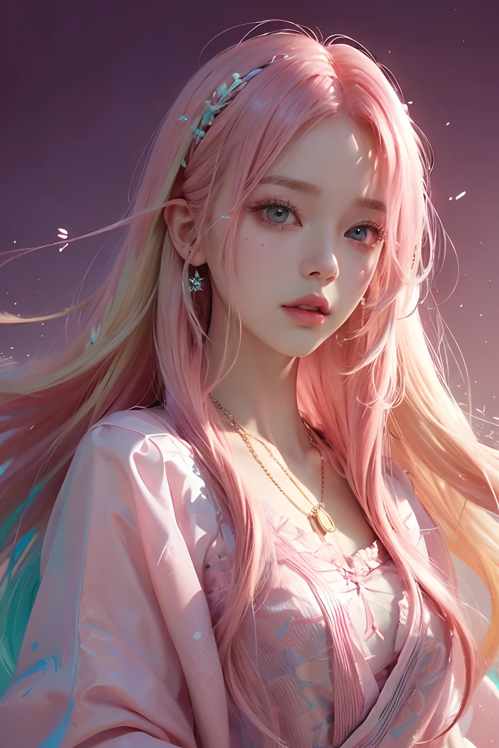 Close up of a man with blonde hair and necklace, digital art inspired by Yanjun Cheng, Tumblr, Rococo, portrait of jossi of blackpink, portrait jisoo blackpink, Flowing pink hair, Long flowing pink hair, long bubblegum hair, with pink hair, Pink girl, pink hues, ((Pink)), Long pink hair, pink straight hair, curly pink hair