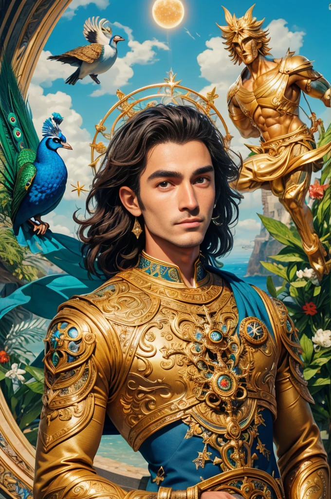 (( naked Homem)), ( with a peacock)),com um colar ,((olhos azuis)) muscular male hero, atraente, ((Carne Nua Masculina)) meio tiro de um hunky, handsome prince, Pose masculina heroica, macho sexy, Macho bonito, musculoso masculino, not shirt :: altissimo detalhe, strong masculine features, masculino e forte, bonito impressionante realista, corpo bonito bonito, ((in the background Antares Station,)), Launch of the 35mm lens, Deus do Mar, Deus do Oceano, Luthien, arte de deus, Deus da mitologia grega, Deus da Lua, Deus do amor e da paz, deus bonito, Mitologia do Deus da Terra, o deus Eros, Um retrato impressionante de um deus, Frank Kelly Freas, Estilo Karol Bak, ((beautiful face)), Ultra Definition, melhor qualidade, 32k ultra | | | | | | | | | , Ultra HD | | | | | | | | |, maior contraste, Cores quentes e vibrantes, Inprirado em victória francés | | | | | | | |, Gothic beauty