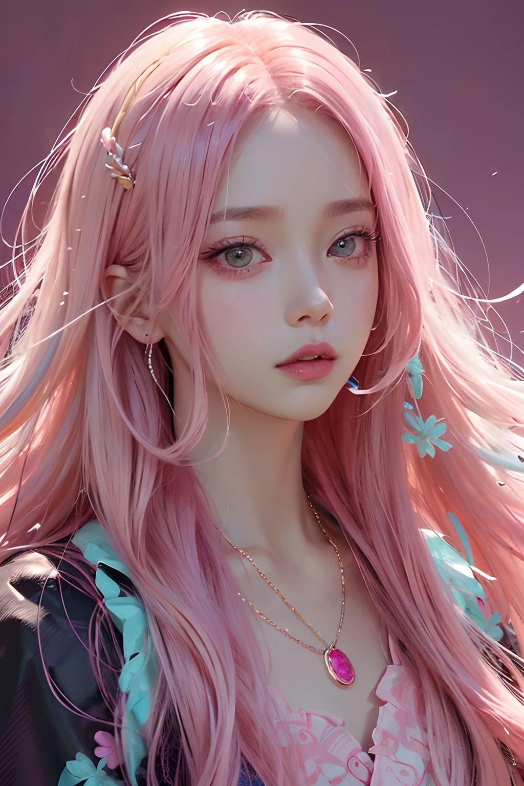 Close up of a man with blonde hair and necklace, digital art inspired by Yanjun Cheng, Tumblr, Rococo, portrait of jossi of blackpink, portrait jisoo blackpink, Flowing pink hair, Long flowing pink hair, long bubblegum hair, with pink hair, Pink girl, pink hues, ((Pink)), Long pink hair, pink straight hair, curly pink hair