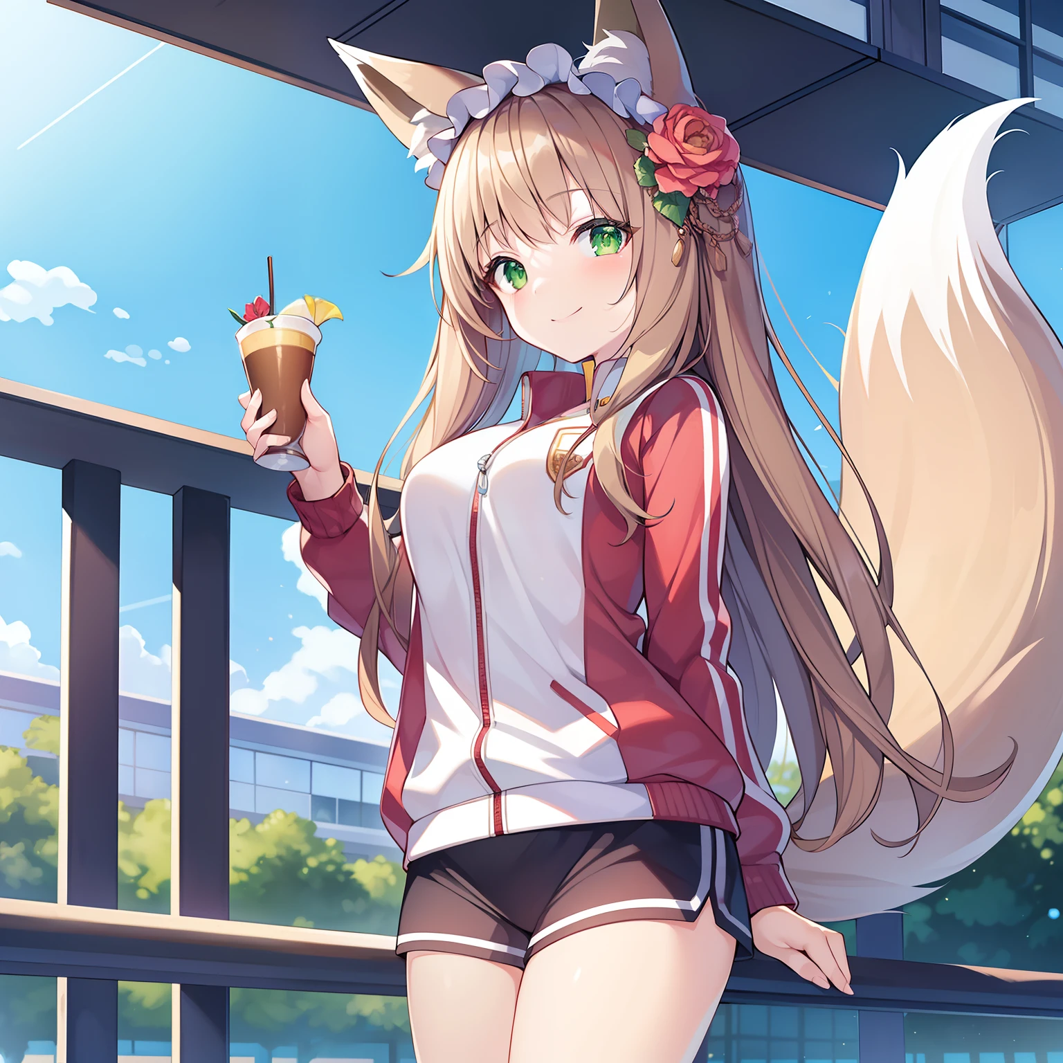 tmasterpiece,best qualtiy,A high resolution,1girll, Solo, (8K wallpaper), (Long brown hair),(Huge fox tail:1.2),Green eyes,Small flower headdress,-yeld giC cup,Modern architecture,On the school playground,Wear school tracksuits,ssmile,From a positive perspective,
