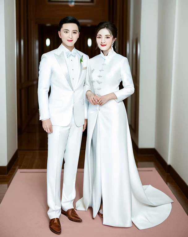 araffes and a woman in white are standing next to each other, wearing white suit, ruan jia and fenghua zhong, white suit, in white clothes, jia, lovely couple, wearing a white tuxedo, smooth white tight clothes suit, wearing white clothes, ruan jia and brom, 🤬 🤮 💕 🎀, photoshoot, white clothes, realistic, wedding, prewedding, prewedding photography