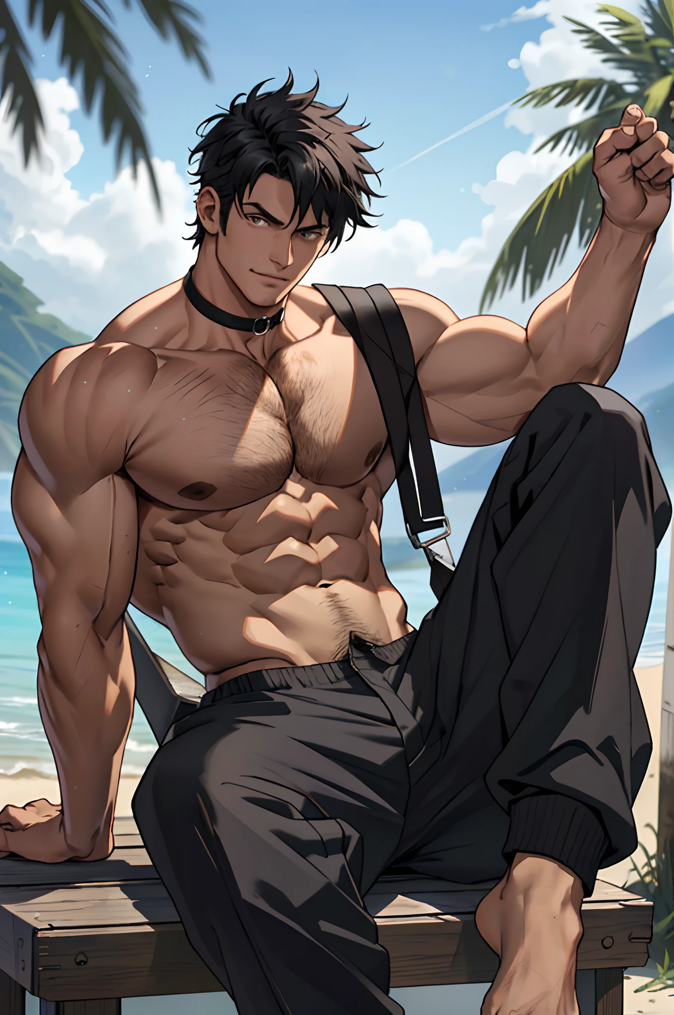 realisticlying，（tmasterpiece，top Quority，best qualtiy，offcial art），The is very detailed，Colorful，Most detailed，Kamimei，short detailed hair，Black color hair，Handsome man，Mare，choker necklace，sandbeach，Libido boy，large pecs，Big bag，Half recumbent，CG sense，POV perspective，spread their legs，8K,Cinematic lighting effects，Textured skin，best qualtiy，Storytelling images，Storytelling images，dynamic blur，actionpose，Elevation viewing angle，with brown skin，Serious expressions，Hot gas，Keep one's mouth shut，Abs，full bodyesbian，solo person，Bare legged，Foot odor，dermatophytosis，white short socks，Sitting down，Undress，Take off your pants，musculous