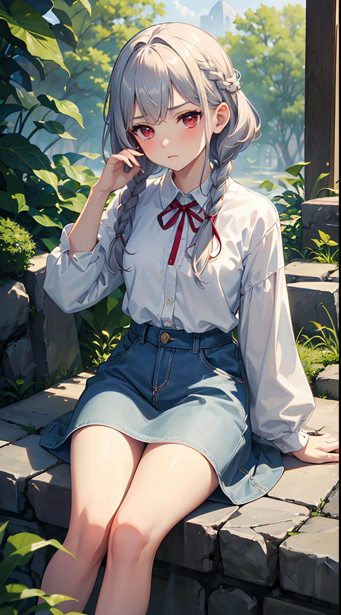 ((​masterpiece:1.2、top-quality)), ((Put your hands on your chest)), ((Shy face)), ((Troubled eyebrows)), ((red blush)), 1 Whole body of a girl, elvish, ((silber hair)), Red Eyes, bob cuts, Braided hair, denim skirt, Casual Fashion, sitting on, gender change, concept-art, beautiful anime scene, Beautiful anime scenery, top-quality, ​masterpiece