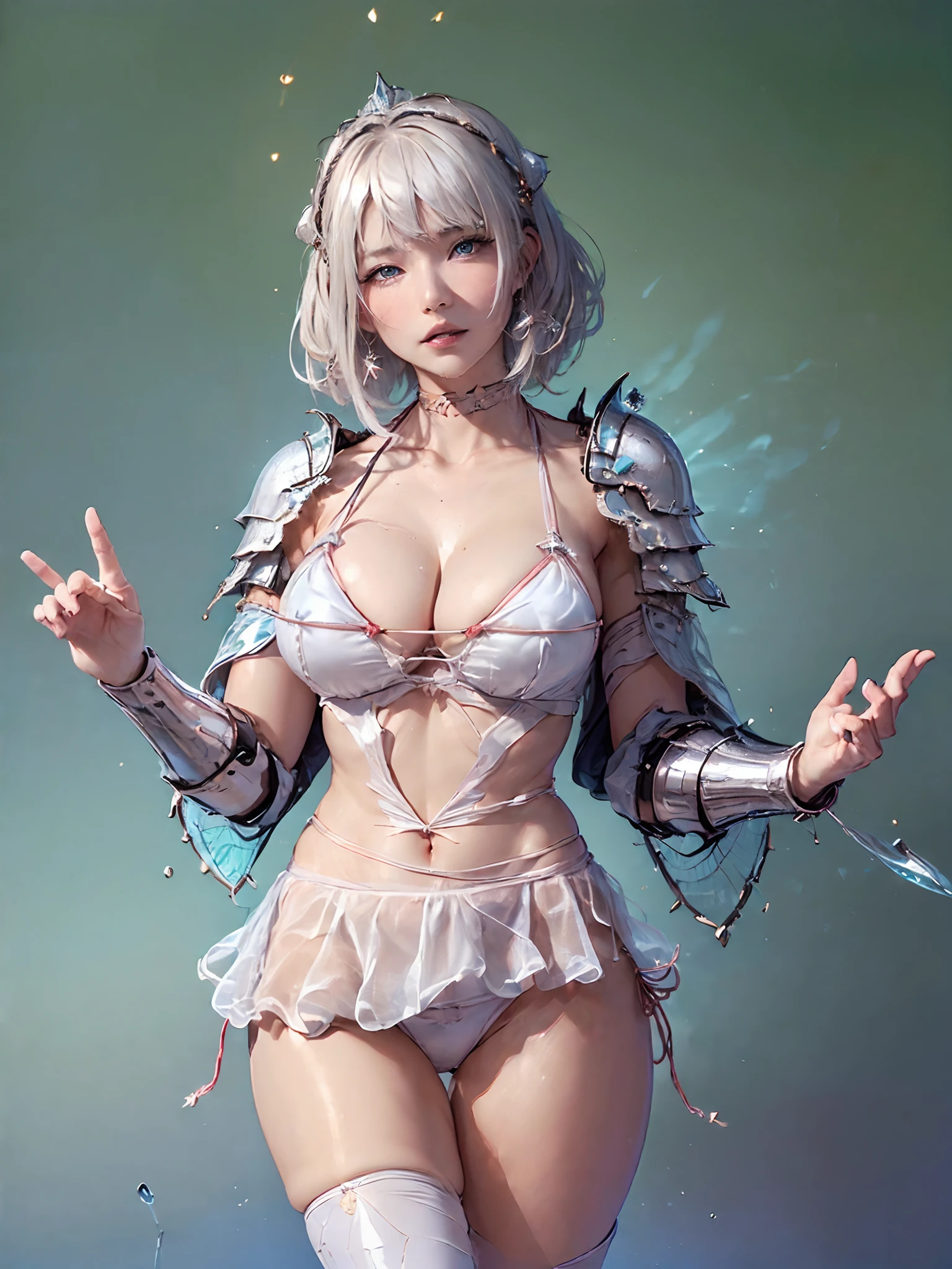 (( (tmasterpiece),(Very detailed CG Unity 8K wallpaper),(bustshot:1.5), best qualtiy,cinmatic lighting,Photorealsitic, 细致背景,beatiful detailed eyes,Bright pupils,(Very fine and beautiful),(Beautiful and detailed eyes description),ultra - detailed,tmasterpiece,hight resolution)), ((Dressed in insanely sexy bikini armor:1.4)), Rose gold armor, Richly decorated armor, a beautiful woman warrior, Shorthair, Platinum Blonde Hair, cleavage of the breast