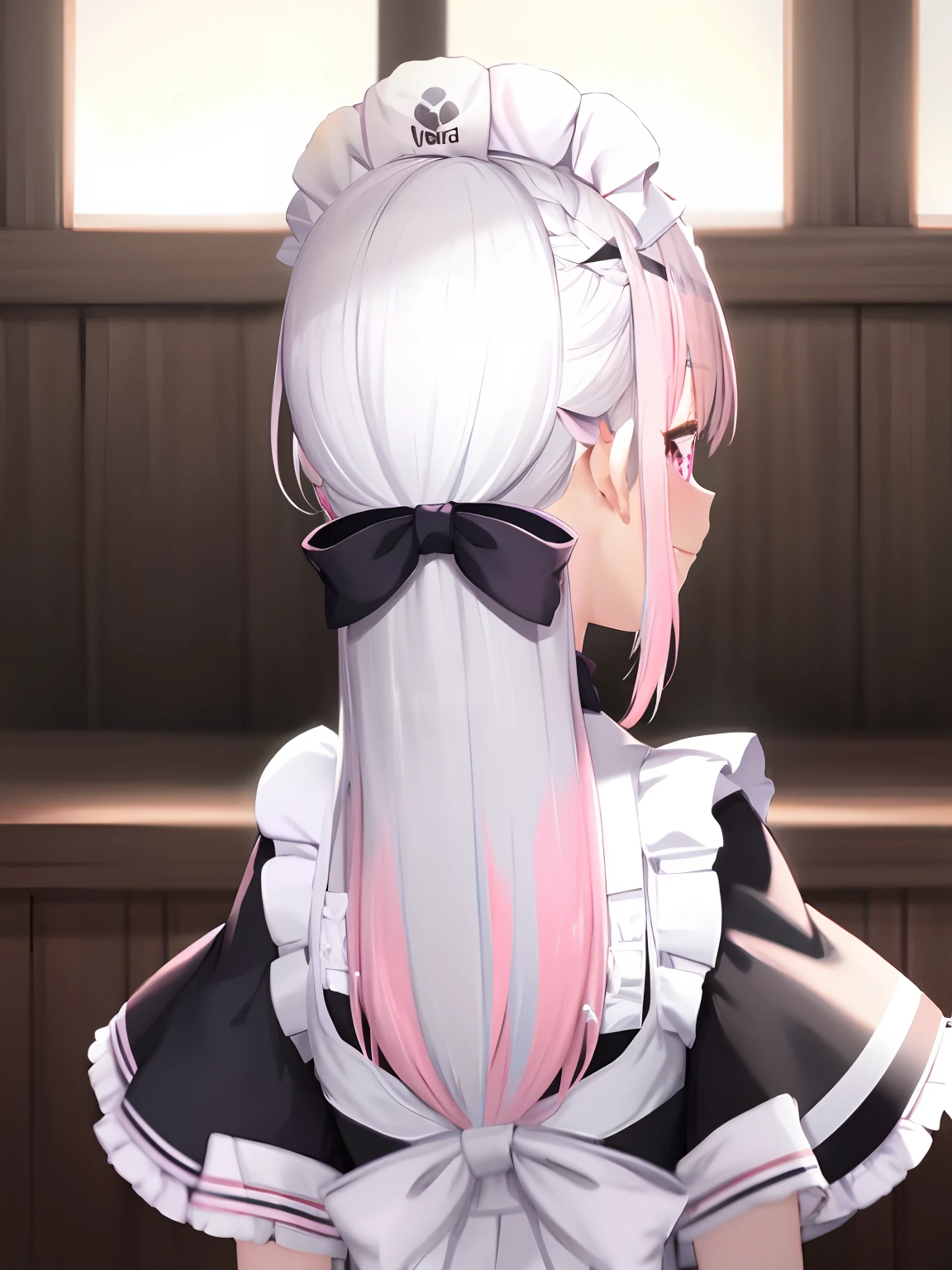 masutepiece, Best Quality, 1girl in, Solo, Twin-tailed, Silver_hair, Pink_hair, maid_Head dress, maid, multicolored hair, hair_bow ribbon, Smile,