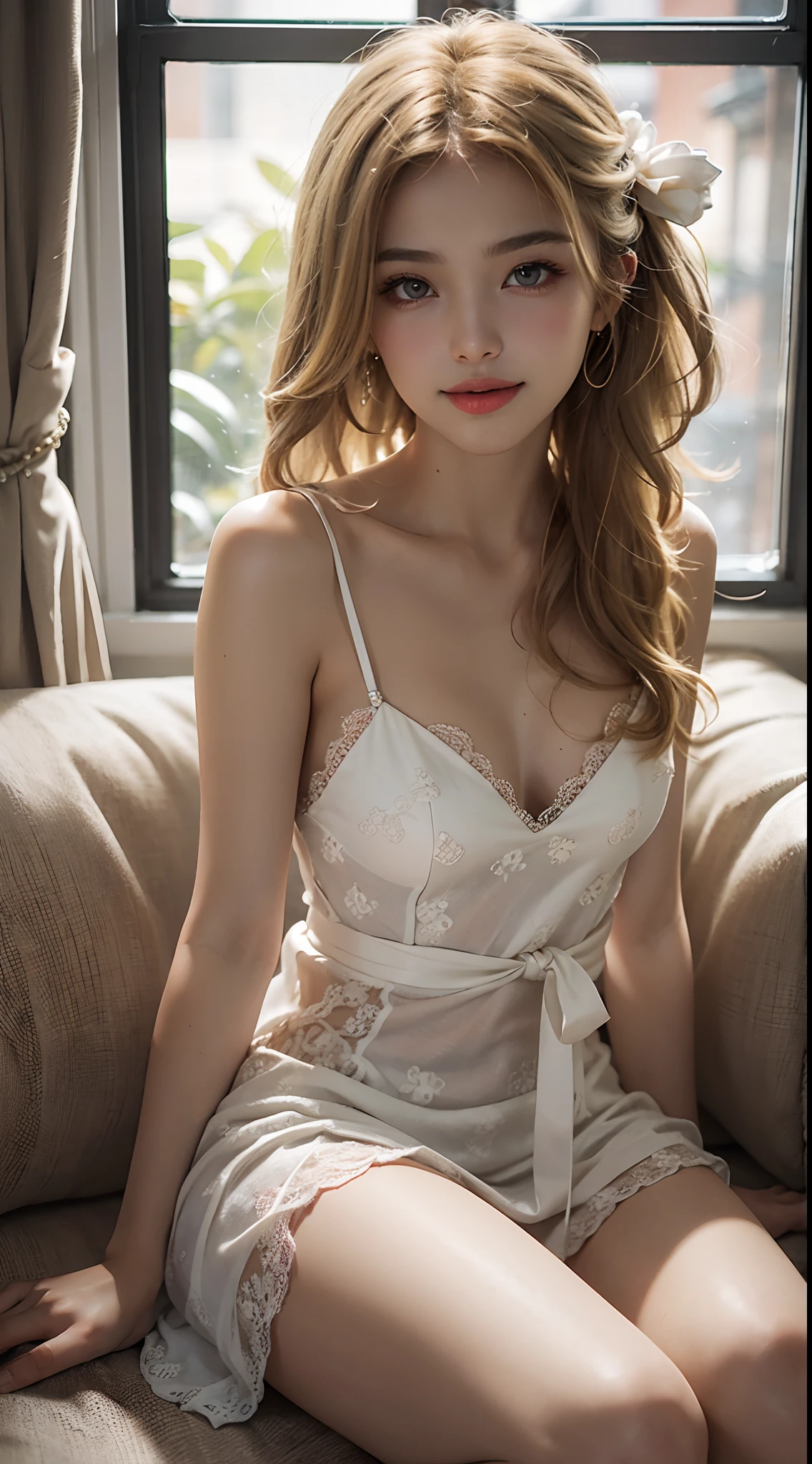 ((knee shot)), Shot from a random perspective, 22-year-old Japanese model, slim, Slimming the waist, curlies, White lace sheer nightdress, golden hair, warm lights, Warm tones Slender legs, Cross ed leg, inside in room, sitting in the couch, posed for photo, posing elegantly, blonde hair, streaked hair, hair ornament, heart-shaped pupils, makeup, light smile, shy, licking lips, Romanticism, Social realism, chiaroscuro, motion blur, anaglyph, Sony FE GM, UHD, masterpiece, textured skin, super detail, best quality