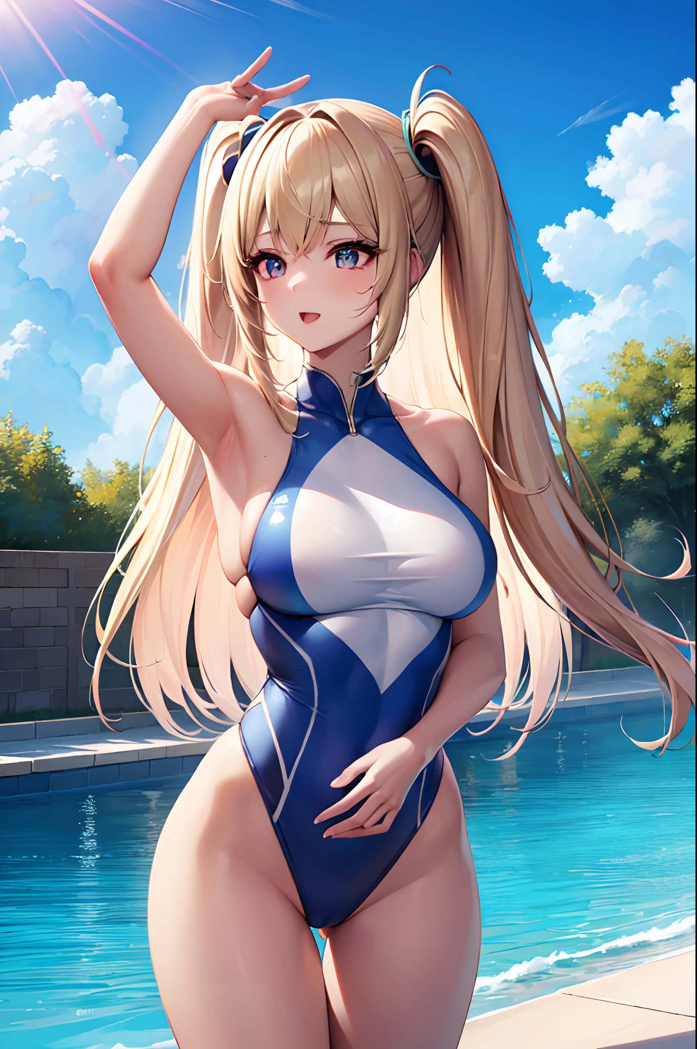 ((Best Quality)), (ultra-detailliert), ((Extremely detailed)), (Beautiful), ((Kawaii Girl)), ((UHD)), (masterpiece), (high quality), (best quality), (4K), (high quality), 1, solo girl, 1girl, ((platinum blond hair)), parted bangs, ((hair intakes)), long hair, (hair two side up long), ((jade colored eyes)), slanted eyes, medium breasts, slender body, competition swimsuit, Pool Background, (blue sky:1.3), solar, sunlight, anime, ;D