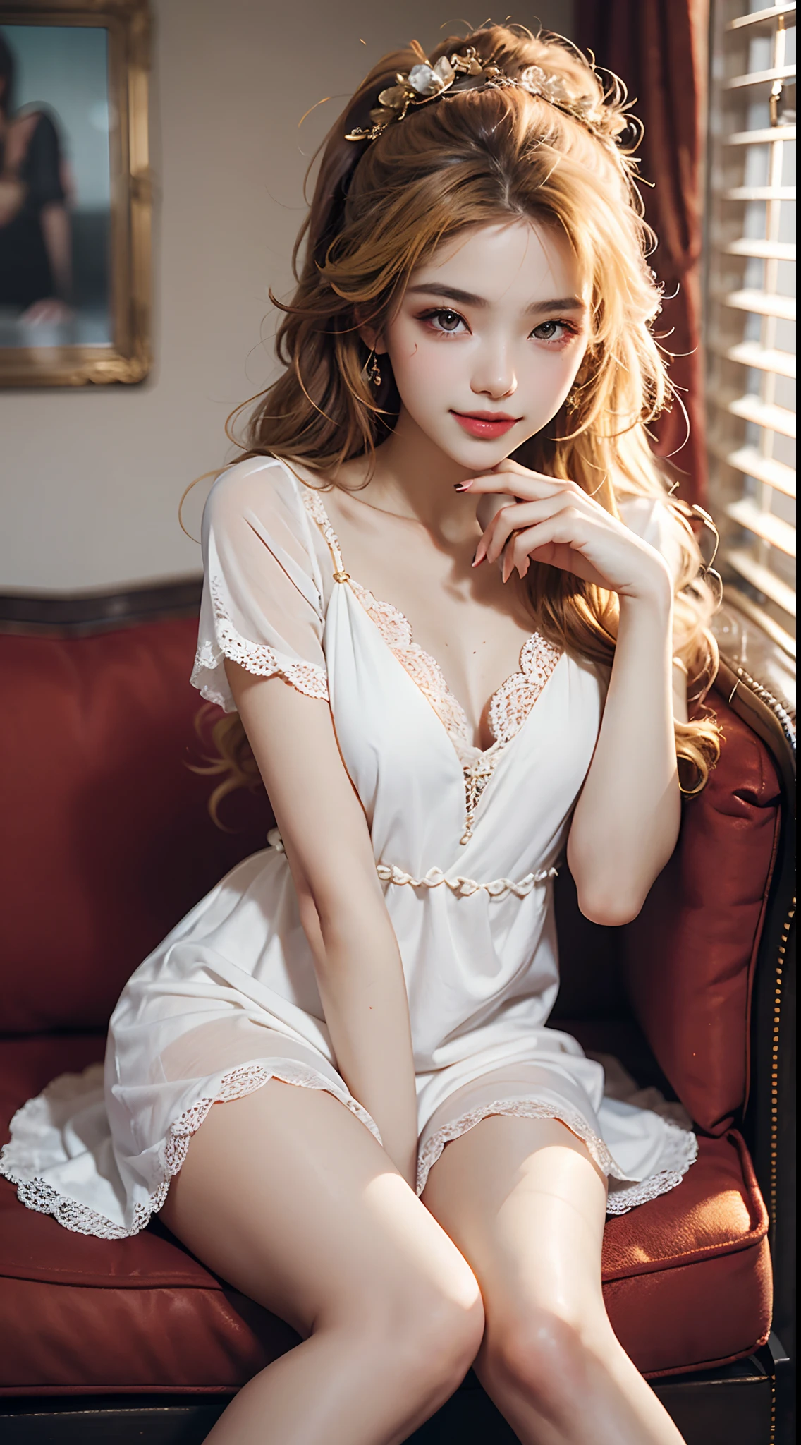 ((knee shot)), Shot from a random perspective, 22-year-old Japanese model, slim, Slimming the waist, curlies, White lace sheer nightdress, golden hair, warm lights, Warm tones Slender legs, Cross ed leg, inside in room, sitting in the couch, posed for photo, posing elegantly, blonde hair, streaked hair, hair ornament, heart-shaped pupils, makeup, light smile, shy, licking lips, Romanticism, Social realism, chiaroscuro, motion blur, anaglyph, Sony FE GM, UHD, masterpiece, textured skin, super detail, best quality