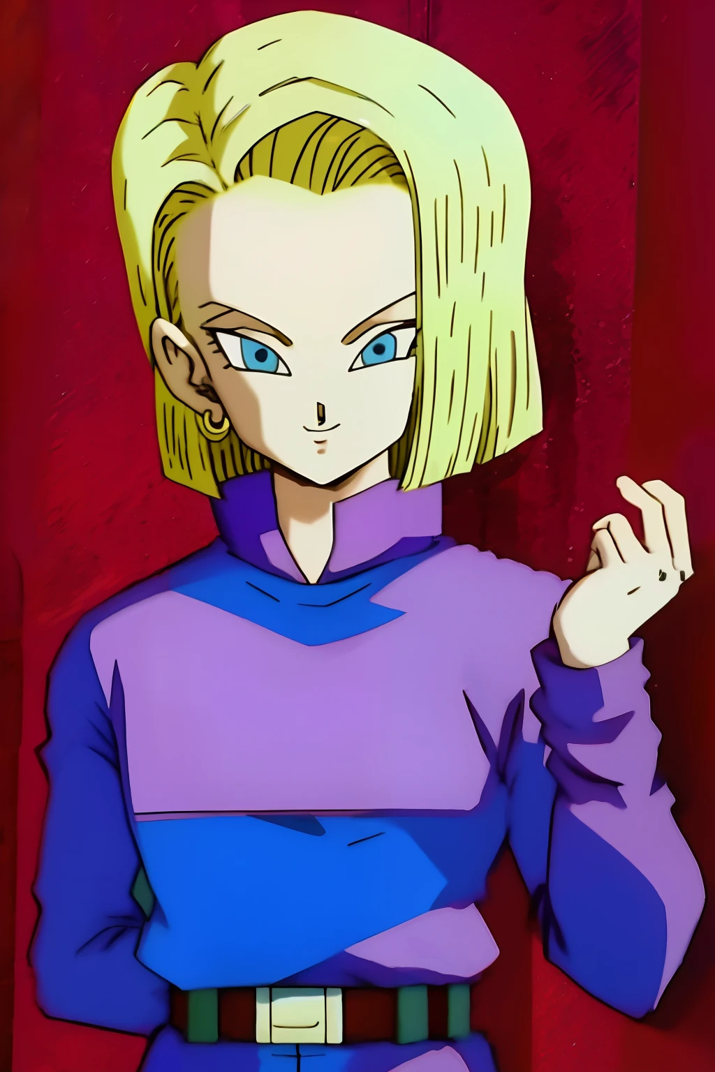 Android18, 1girl in, Solo, Smile, Short_hair, Blue_Eyes, Blonde_hair, Shirt, long_sleeves, Jewelry,