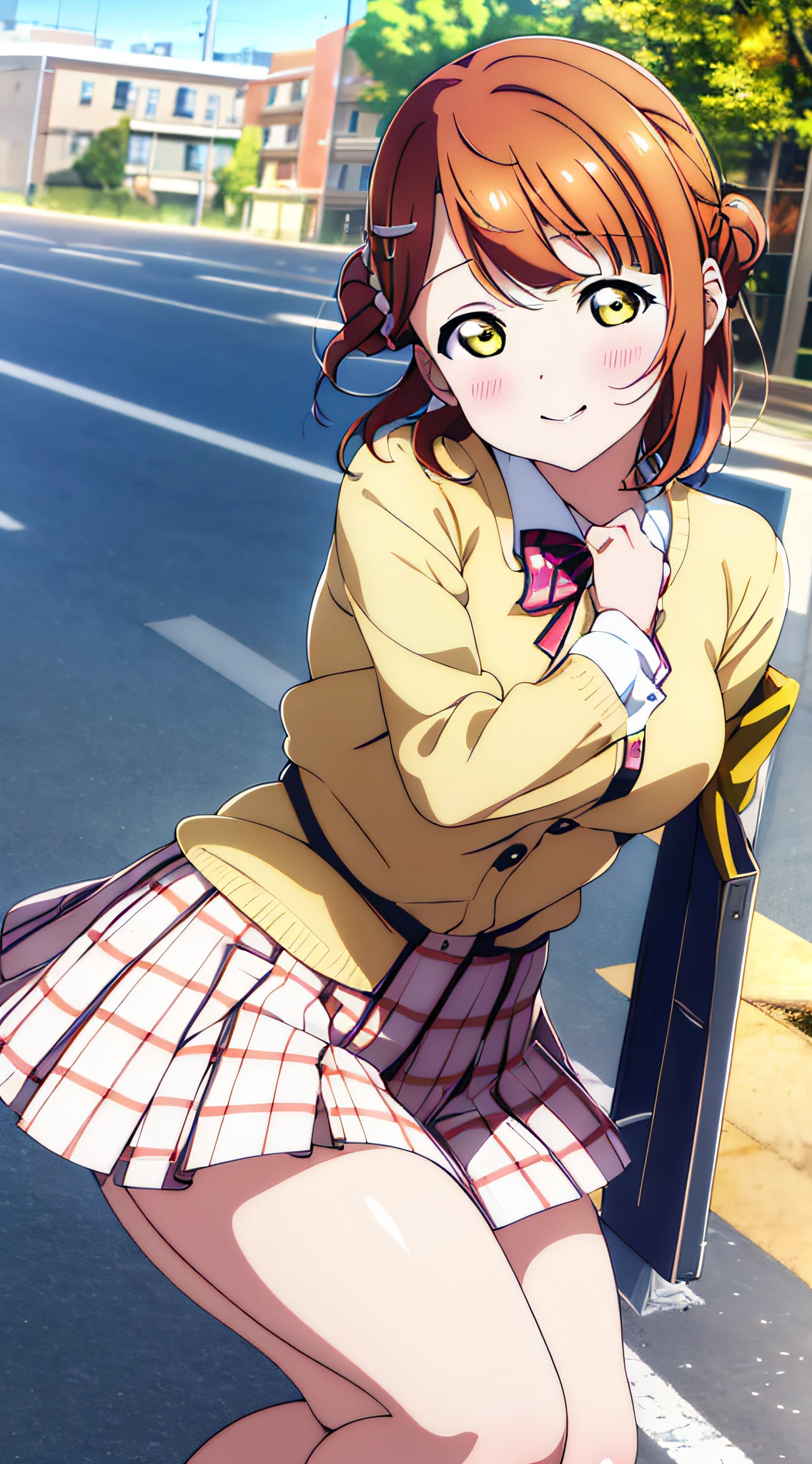 (best quality), (HD),high quality, best quality, masterpiece, ayumu uehara, 1girl, Anime-style color grading, bushiroad studio coloring style, yellow eyes, medium hair, sunny day, school, going to school, side road, japan summer school uniform, exited, (super detail image), (good coloring)