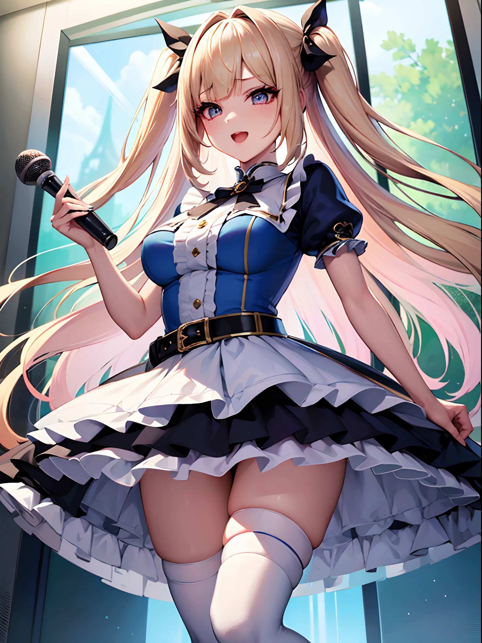 Adult, Perfect Female Figure, Small Breasts, Tuesday Simmons, standing legs together, legs crossed, white and black lolita dress, pantyhose, Blonde Hair with Fringe, Light Eyes, peeing herself, peeing, peeing self, very desperate to pee, upskirt, holding a guitar on stage, full face blush, sad, crying, flustered, pubic hair, white panties, white stockings wet, peeing, peeing self, peeing, peeing self, pee puddle, puddle of her own urine is forming around her feet, standing on stage, cinematic lighting, anime still HD,