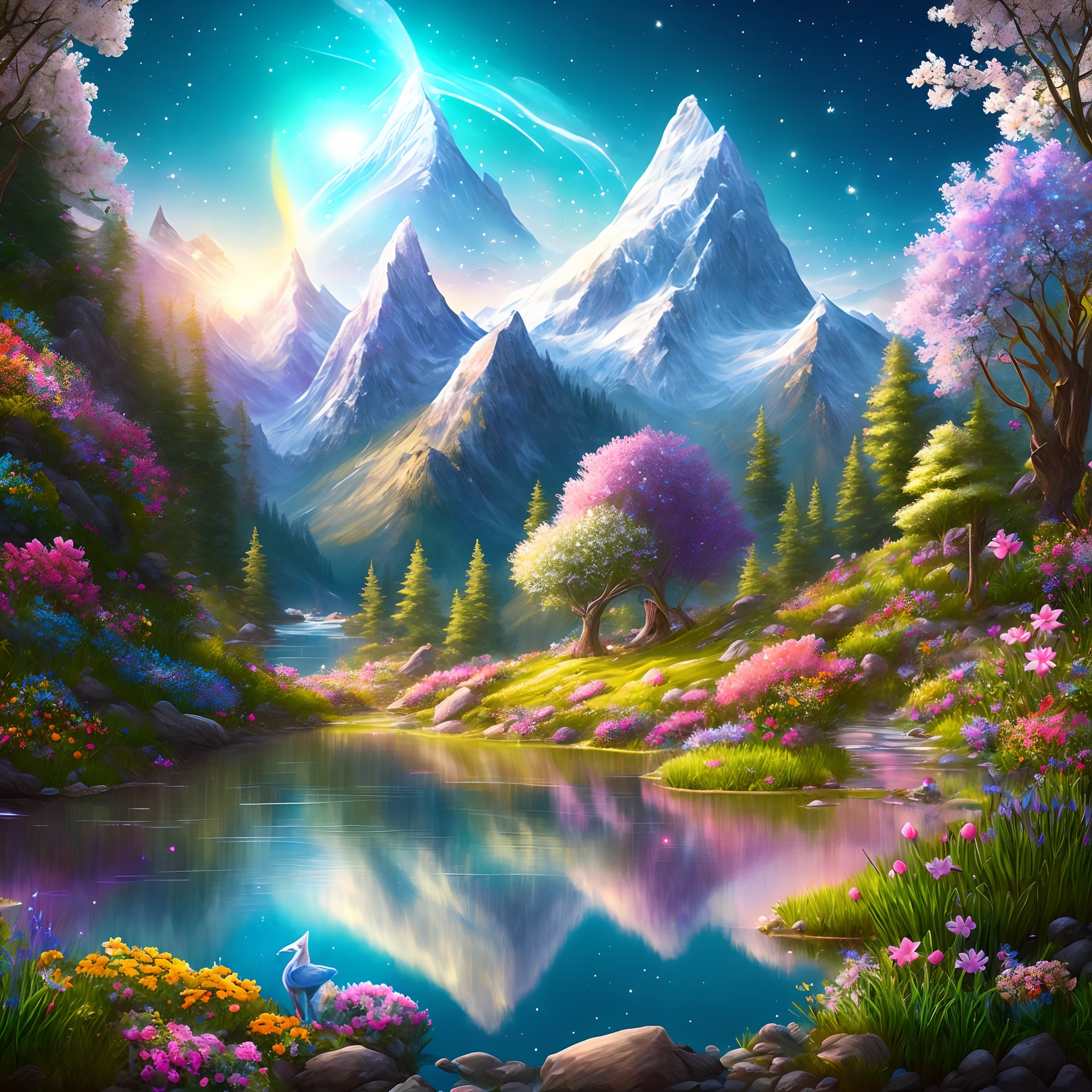 Holy light, Crystal deer, Extremely detailed 3D animations, Symmetrical center distance, In a stream between the mountains, Flowers blooming around,Ethereal dreams,butterflys,Flower crown,magical forest background,Background with, Flashing, Brie S., Focus light, optics, About realism, magic, fantasy, composition, Rainbow colors and starry sky SKY, Popular at the art station, pearls, 8K,