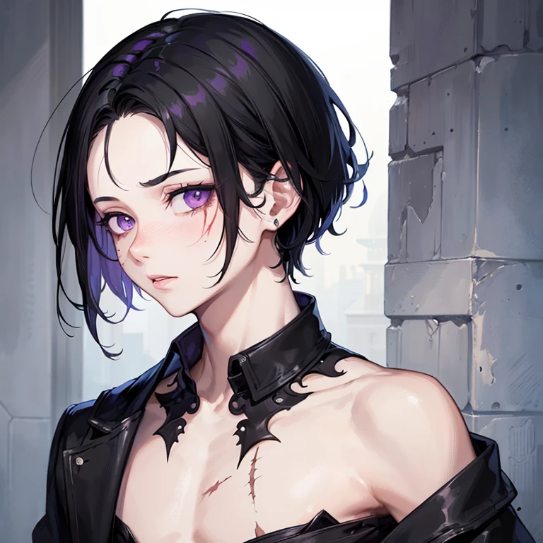portrait, ((1boy)), ((short black hair)), 4:6 sided part hair from the right, purple eyes, pale skin, ((masterpiece)), ((best quality)), ((scar from left forehead to right lips))