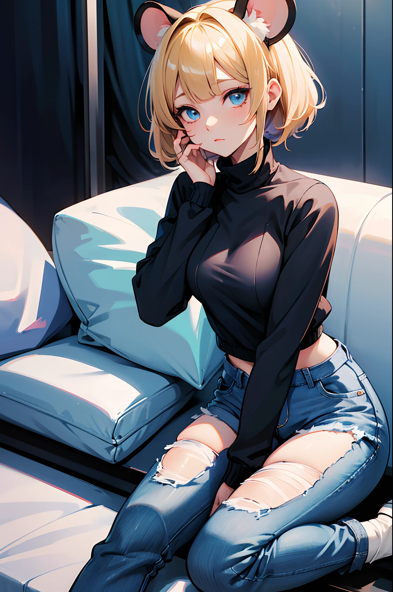 anime girl, seductive anime girl, azur lane style, gapmoe yandere, Anime girl sitting, mouse ears,Cyan eyes, Short blonde hair with long bangs on one side,Squeaky Hairstyle,Blue jeans,Black Beautiful Sweater,stocklings, higly detailed,high detailed eyes,Correct anatomy,The best picture quality
