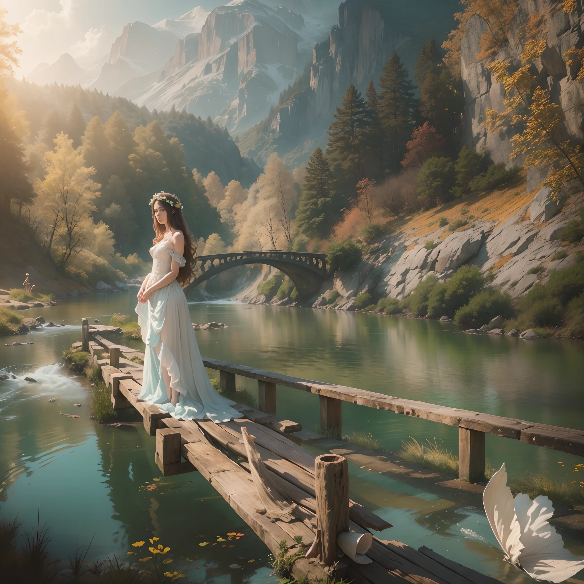 An enchanting fairy on a flower-crowned wooden bridge over a babbling mountain stream. (best quality,4k,8k,highres,masterpiece:1.2),ultra-detailed,(realistic,photorealistic,photo-realistic:1.37),HDR,UHD,studio lighting,ultra-fine painting,sharp focus,physically-based rendering,extreme detail description,professional,vivid colors,bokeh,portraits,landscape,romantic,soft pastel colors,gentle sunlight,shimmering water