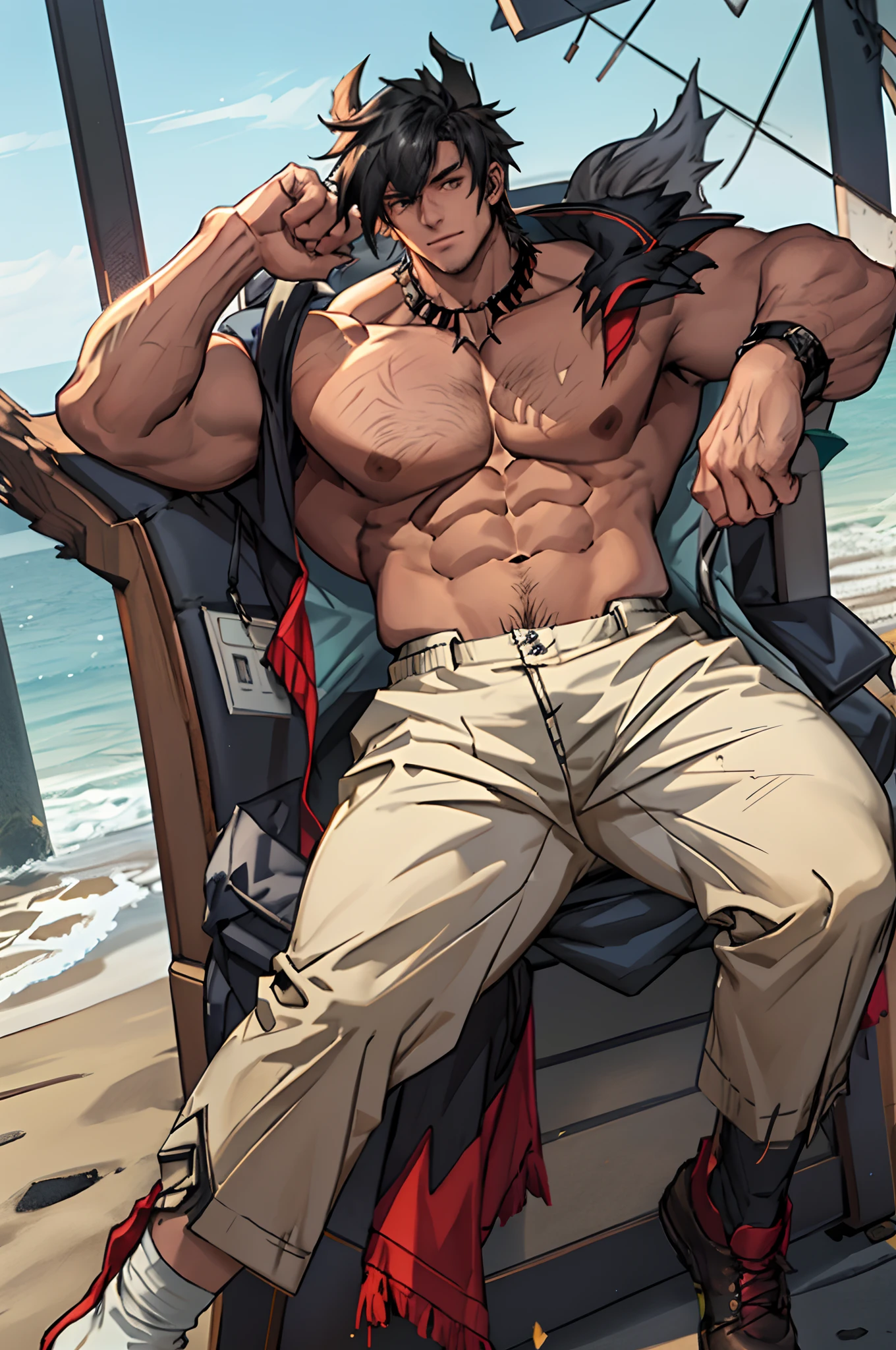 realisticlying,(tmasterpiece,top Quority,best qualtiy,offcial art),The is very detailed,Colorful,Most detailed,Kamimei,short detailed hair,Black color hair,Handsome man,Mare,choker necklace,sandbeach,Libido boy,large pecs,Big bag,Half recumbent,CG sense,POV perspective,spread their legs,8K,Cinematic lighting effects,Textured skin,best qualtiy,Storytelling images,Storytelling images,dynamic blur,actionpose,Elevation viewing angle,with brown skin,Serious expressions,Hot gas,Keep one's mouth shut,Abs,full bodyesbian,solo person,Bare legged,Foot odor,dermatophytosis,white short socks,Sitting down,Undress,Take off your pants,musculous