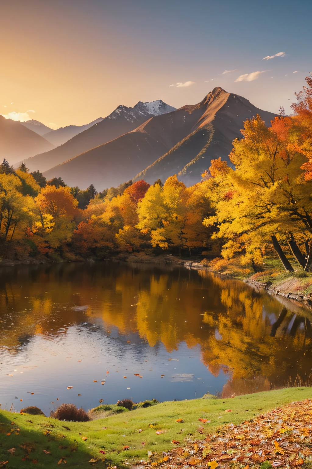 The subject:Autumn is in full swing,Quietly welcome the winter color:a warm color palette,Such as orange、Brown and yellow background:A golden autumn leaf falls on the lake,Contrasting with the silhouette of the mountains in the distance。 layout:Autumn leaves cover the underneath 1/3 screens,Top 2/3 are lakes and mountains。 charactor:Use gorgeous fonts,Write "When autumn is in full swing.",Quietly welcome the beginning of winter"。 decor:Dotted with some small autumn leaves around the text,Add a natural atmosphere。