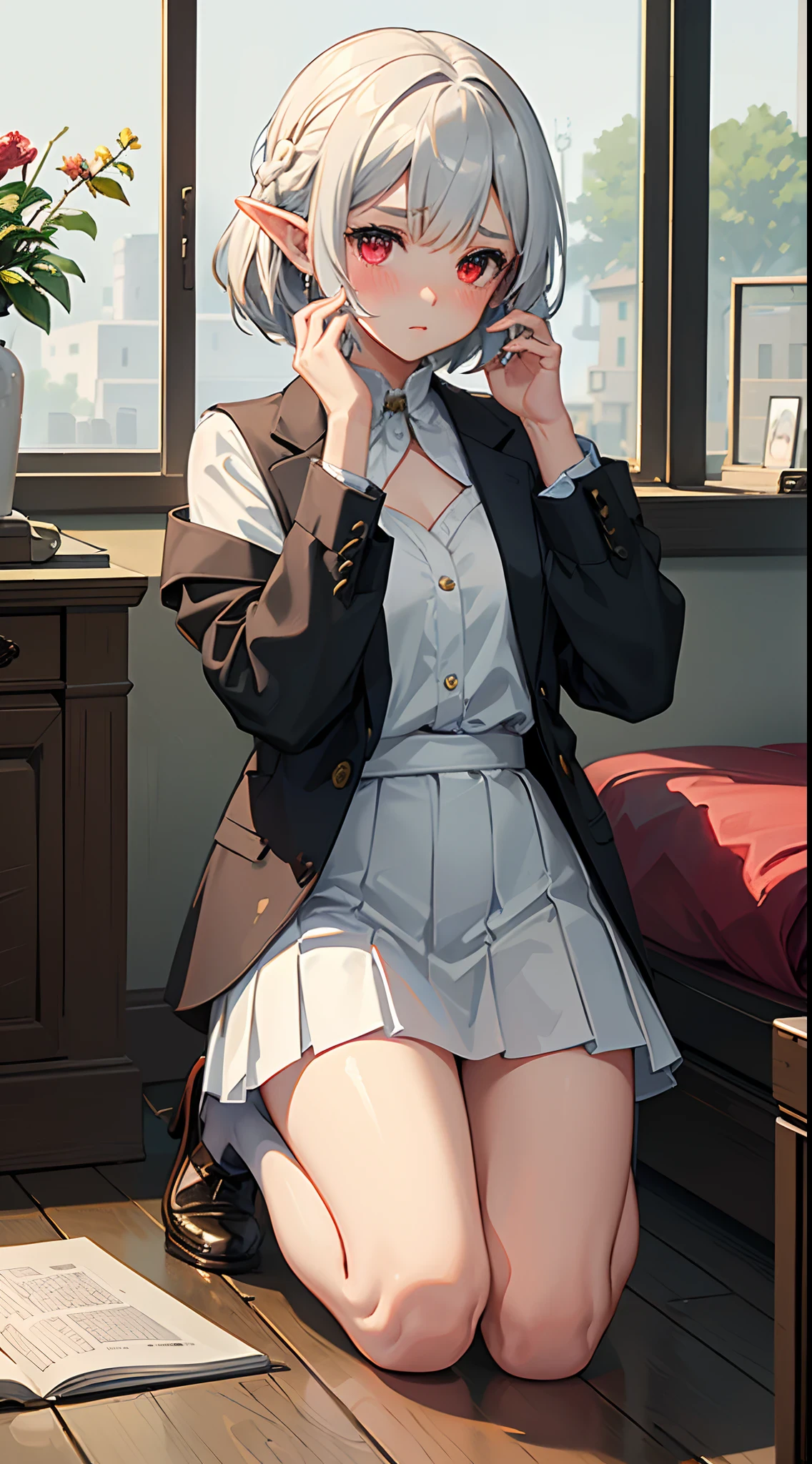 (masterpiece), expressive eyes, perfect face, 1 girl, soft smile, white school uniform shirt, grey miniskirt, ((crossed legs)), nice thighs, short grey hair color, blue eyes color, black headband