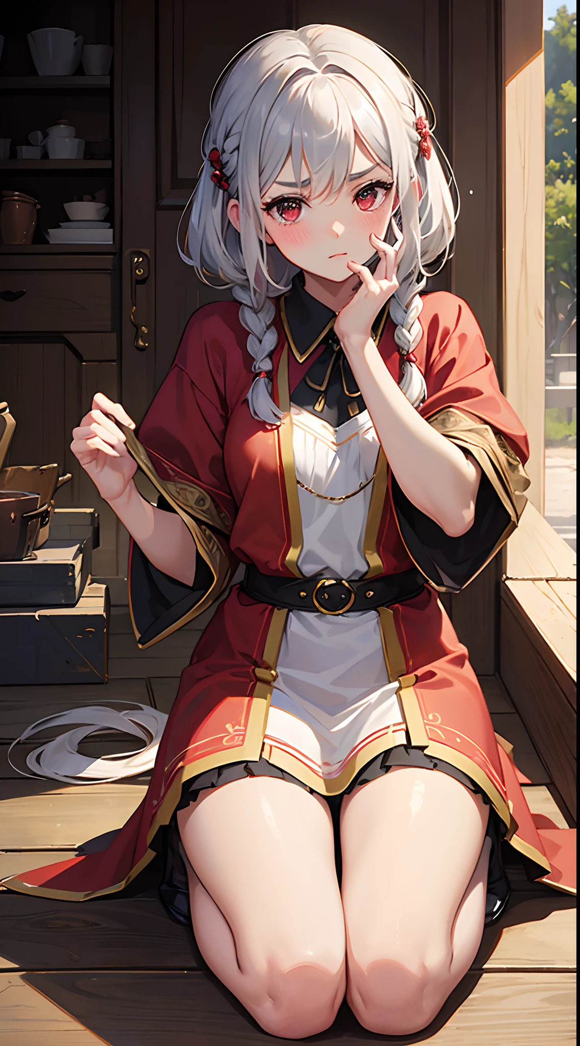 ((masterpiece:1.2、top-quality)), ((Put your hands to your face)), ((Shy face)), ((Troubled eyebrows)), ((red blush)), 1 Whole body of a girl, elvish, ((silber hair)), Red Eyes, bob cuts, Braided hair, denim skirt, camisole, gender change, Kneeling, concept-art, beautiful anime scene, Beautiful anime scenery, top-quality, masterpiece