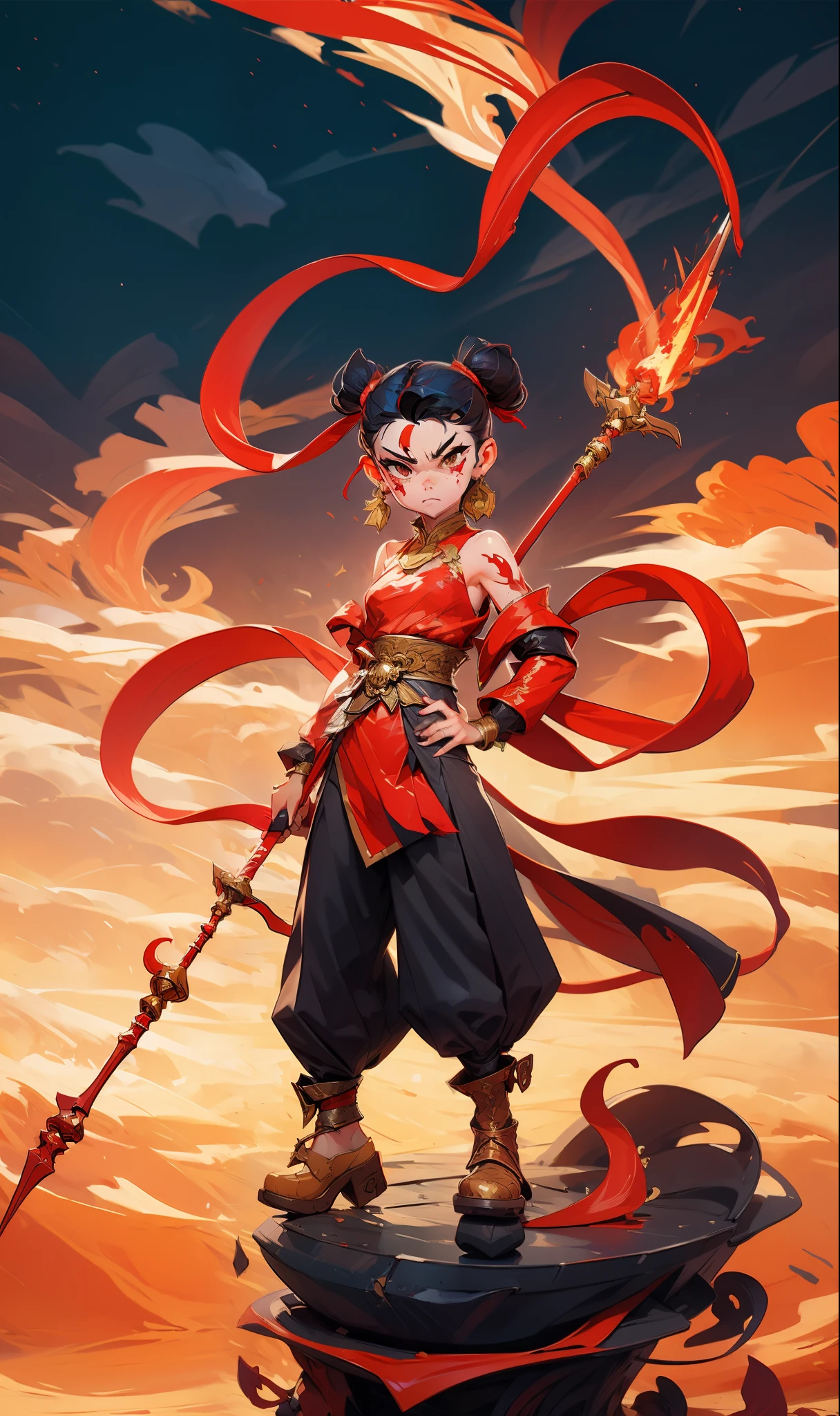 1girl, blood on face, angry, holding spear, (flying), chinese mythology,cloudy, detailed sky, abstract background, (flame_surge_style:0.5)