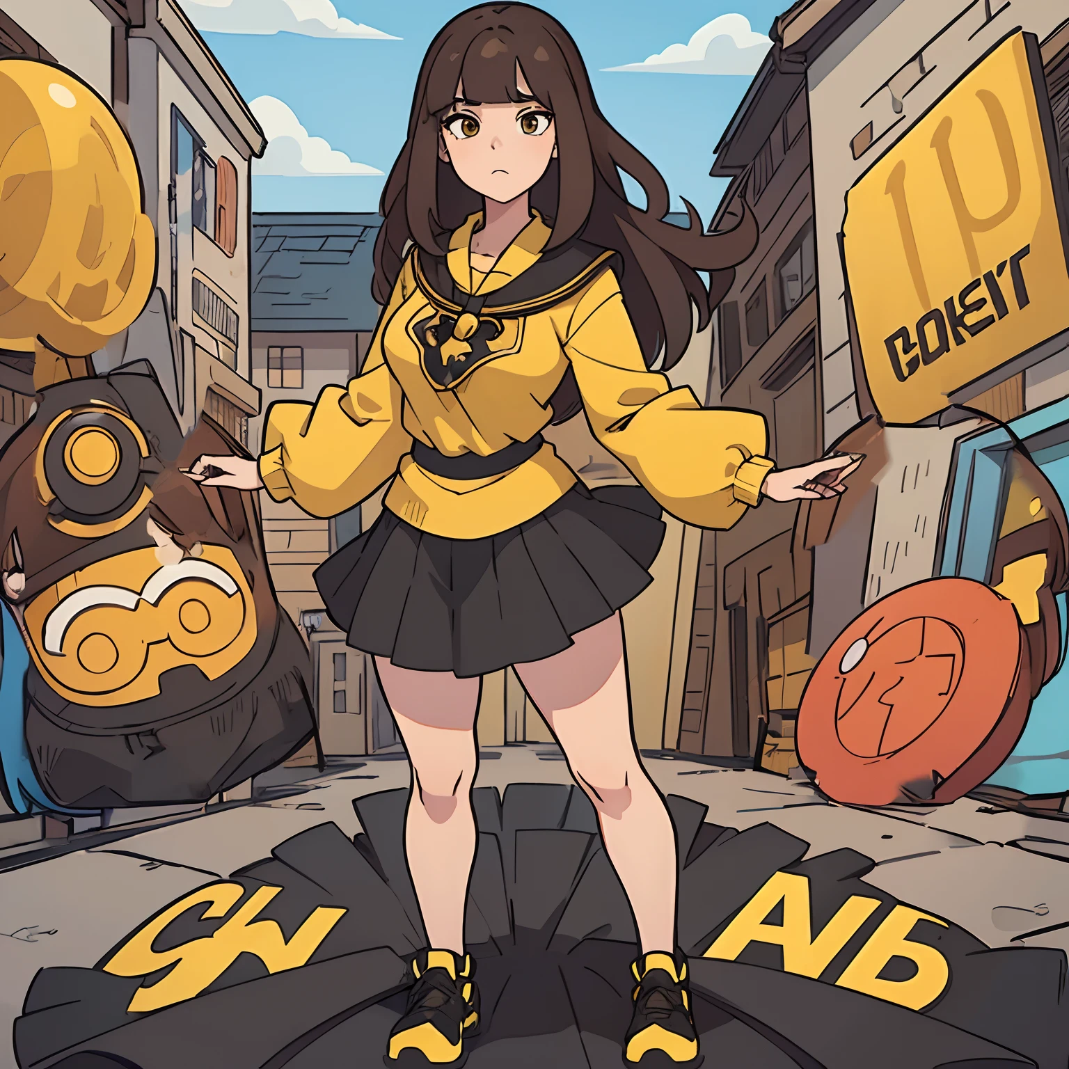 Hands on weist), good fingers, 2D Cartoonish-pixar disney, CARTOON, (((tall woman))), woman, brown hair, yellow eyes, ((using black collegial skirt and clothes)).best quality, masterpiece, illustration:1.1) [[[woman]]] beautiful, highly detailed, 4k, perfect body, perfect proportions, rich quality, hd, ultrahd, full body, idle pose, shy.(((fringe))), [[[shy woman face]]]. Tall woman. Full body pose. No background. Solo. 80s style, ecchi style. Adult woman. Unique. ((((ONE WOMAN))))