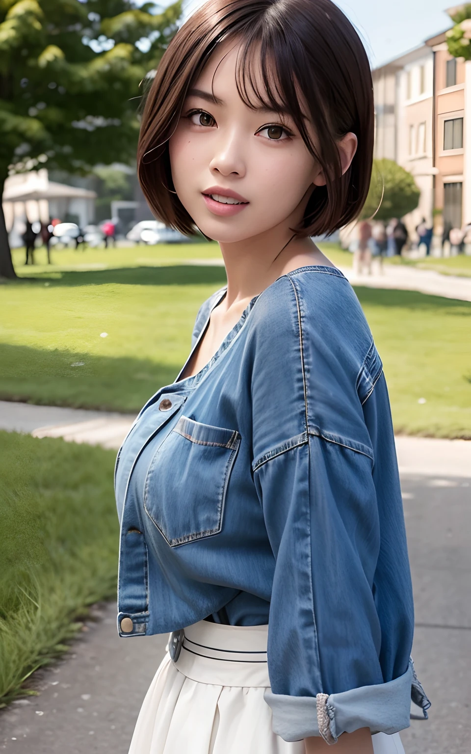 masutepiece, ultra-detailliert, Best Quality, raw phote, (Photorealistic:1.1), Insanely detailed, 1girl, Beautiful, Cute, hoodle, ennui, open mouth slightly, smile, short hair, How the ends of the hair are blown up by the wind, (Brown eyes), pale skin, from the front side, Soft light, depth of fields ,park, crowd of people