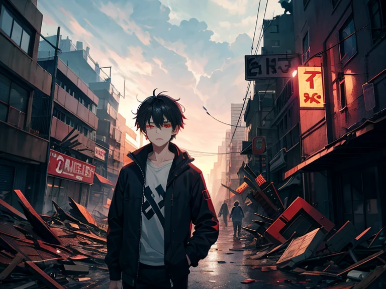 K HD,ultra-detailliert,Illustrations are of high quality,Gray weather,The ager hugged himself,Red Eyes,dazed expression,Apocalyptic city in ruins。