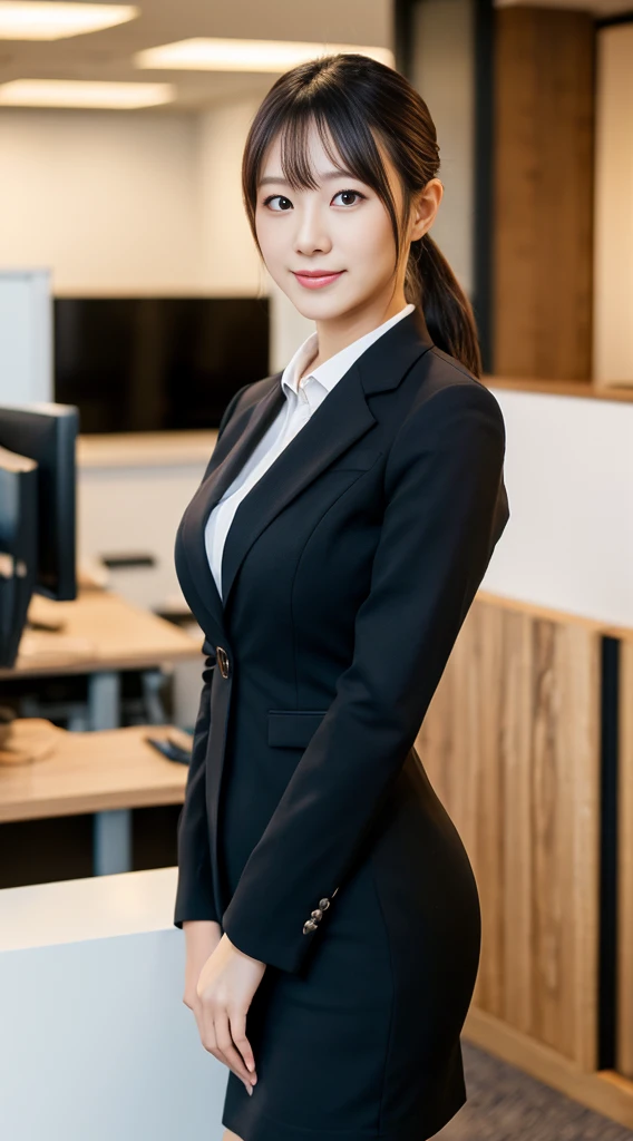 Best Quality, High Quality,Ultra Quality, 8k portrait ,Japanese woman,30 years old,new employee ,large breasts ,side poneyTail,black Business women's suit skirt,full body,In the office