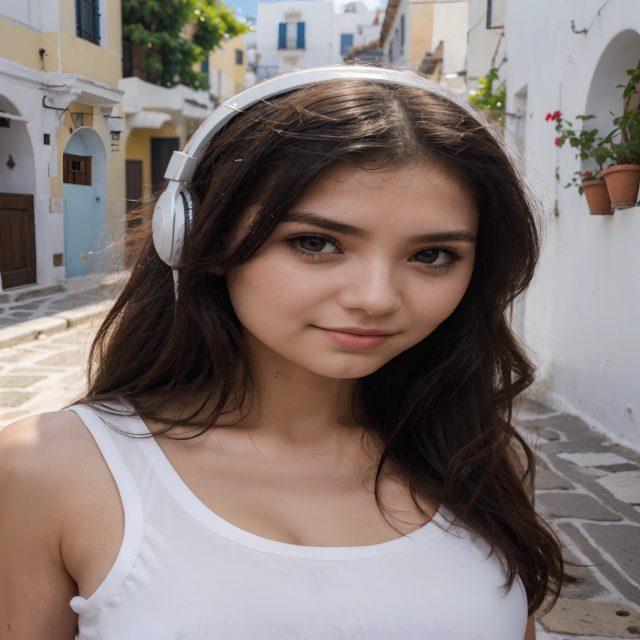 (best quality, alto:1.2), Photographic quality, alta resolução, Realistic, retrato, music, Close-up, Young lady, headphones on head, "ScreenSound" Camiseta, relaxed expression, um pouco sorridente, cabelos lisos, rosto detalhado, soft lighting, cores vibrantes, ondas sonoras, immersive experience, mulher loira, olhos azuis, Greece, Ilha de Santorini, Cobblestone sidewalk in the background, casas brancas, telhados azuis, White sidewalks