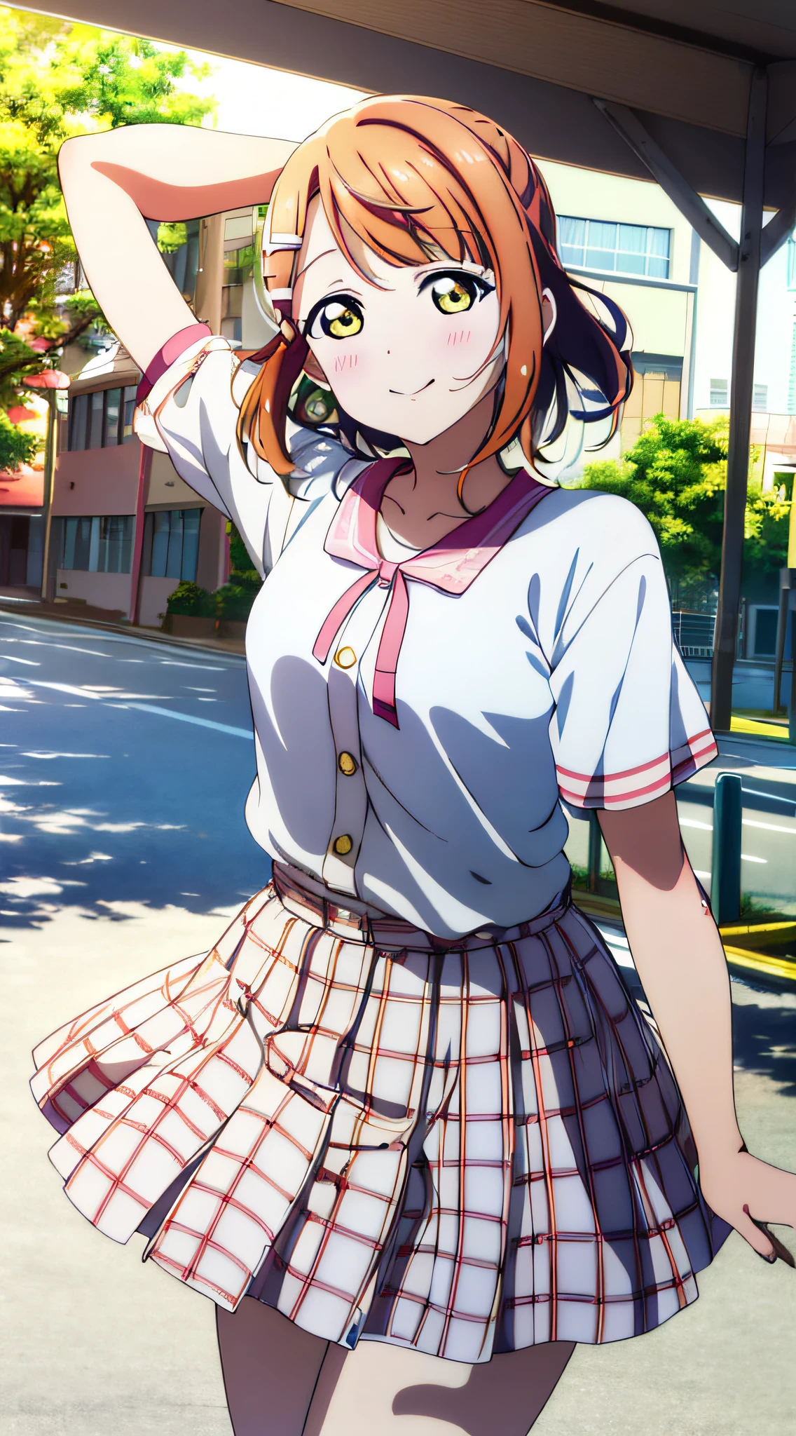 (best quality), (HD),high quality, best quality, masterpiece, ayumu uehara, 1girl, Anime-style color grading, bushiroad studio coloring style, yellow eyes, medium hair, sunny day, school, going to school, side road, japan summer school uniform, exited, (super detail image), (good coloring), pony tail hair