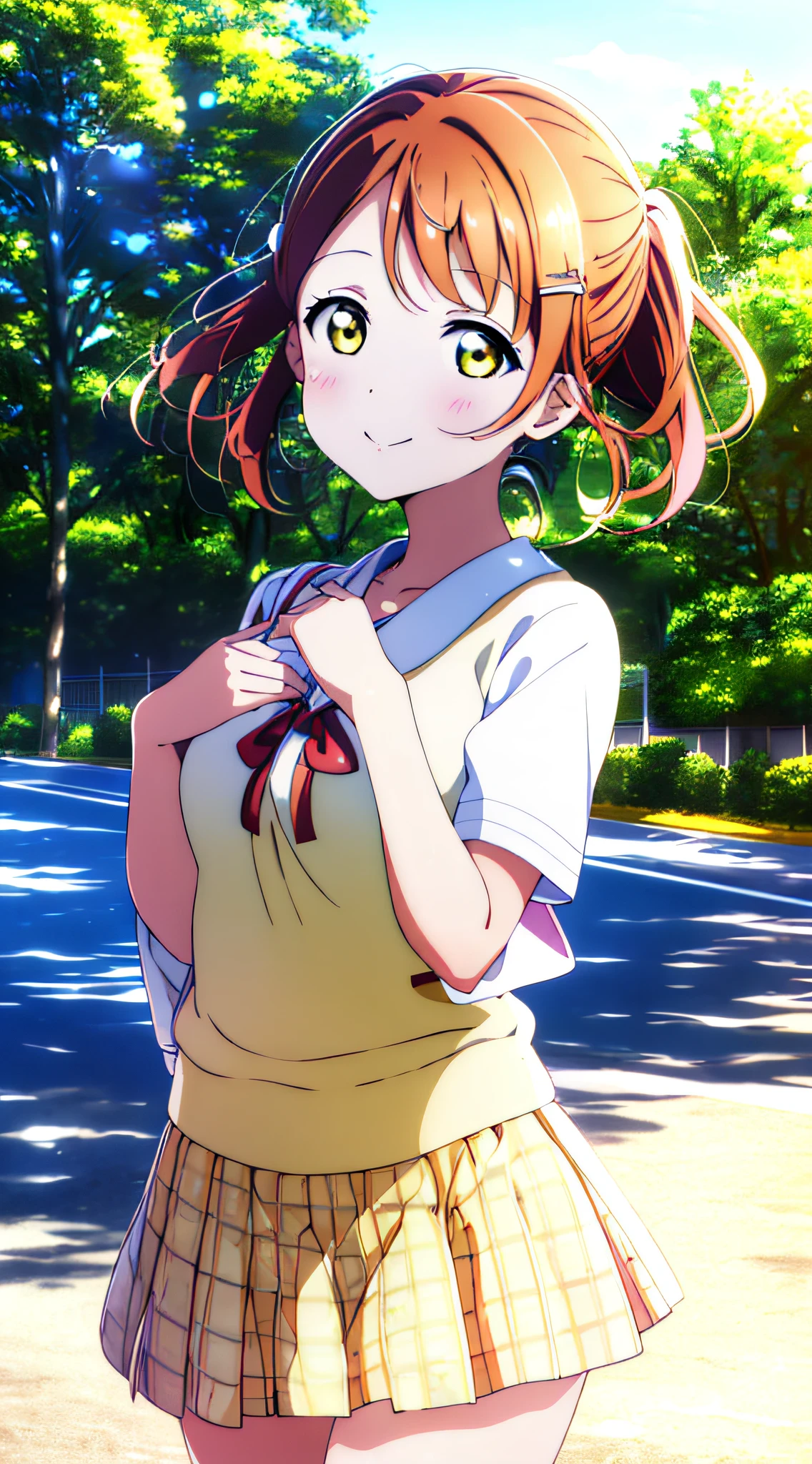 (best quality), (HD),high quality, best quality, masterpiece, ayumu uehara, 1girl, Anime-style color grading, bushiroad studio coloring style, yellow eyes, medium hair, sunny day, school, going to school, side road, japan summer school uniform, exited, (super detail image), (good coloring), pony tail hair