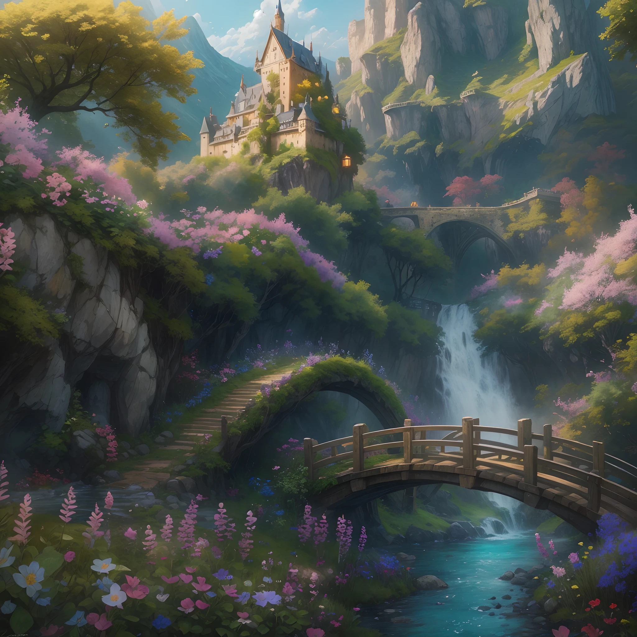 A babbling mountain stream，The fairy sits on a wooden bridge，Flowers blooming around，butterflys，a fantasy forest，There is an ancient castle on the top of the hill in the distance。（best qualtiy，4k，8k，tmasterpiece：1.2）