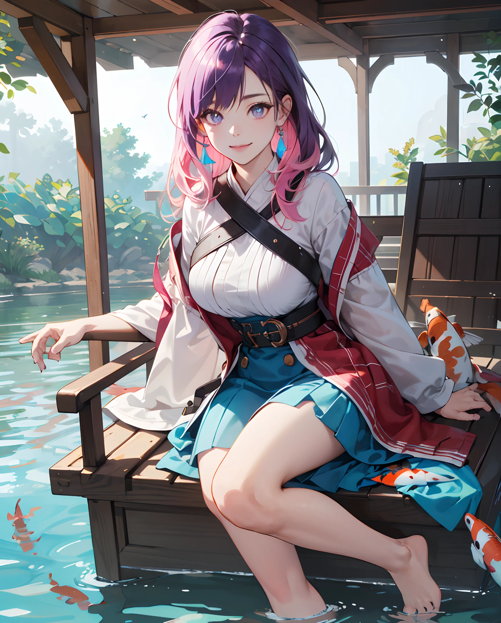 1girl, solo, full body, (masterpiece:1.21), (best quality:1.2), colorful, (illustration:1.2), (cinematic lighting:1.1) In this whimsical fantasy garden, scenes are illuminated by rainbows (colorful fireflies) dancing in the air. Soft (drizzle) adorns the garden, creating a hazy and ethereal atmosphere. In the center of the picture, there stands a single girl, an extremely delicate girl, with cute facial features and an innocent expression. Her long hair fluttered in the wind. She wears an ultra-low-cut strapless dress that accentuates her curves. The lighting is very delicate and beautiful, creating a soft and warm glow that highlights the surface of the water and makes it sparkle like a diamond. The best grass is also illuminated, creating a lush carpet. The garden is surrounded by colorful fields of flowers of all colors and shapes. You can see (colored butterflies) of various colors and sizes flying in the scene, adding to the overall sense of wonder and magic. (Officers), a flush can be seen on the bridge of the nose, and the mouth is slightly open, which adds to the overall sense of innocence and youth. Falling petals can be seen floating around her, adding to the overall romance and beauty. The gentle breeze, rustling leaves and swaying flowers add to the overall dynamism and vitality. It is a scene of pure wonder and magic, full of color and beauty, and viewers can lose themselves in this fascinating and fascinating world.