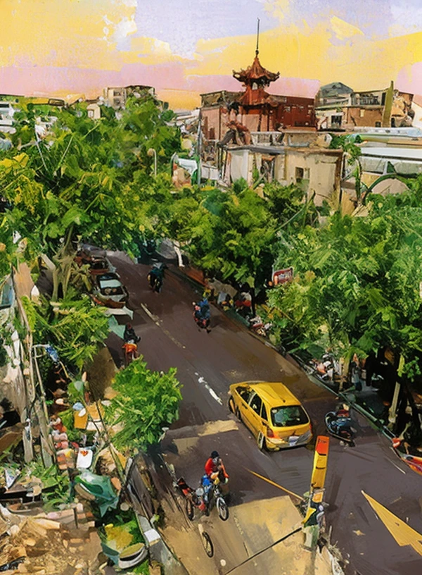 There are a lot of motorbikes and motorbikes on the street, street top view, Old Town of Dhaka, City, [ down view ]!!, guangjian, stunning  visuals, street, Architecture of Chinatown, The streets of the city are lined with greenery, Overhead shot, [ down view ]!, Southeast Asian architecture arcades, photograph of the city street, Unbelievably beautiful, the city street, day after raining, in city street