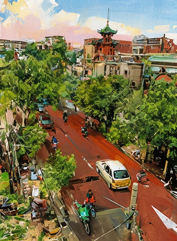 There are a lot of motorbikes and motorbikes on the street, street top view, Old Town of Dhaka, City, [ down view ]!!, guangjian, stunning  visuals, street, Architecture of Chinatown, The streets of the city are lined with greenery, Overhead shot, [ down view ]!, Southeast Asian architecture arcades, photograph of the city street, Unbelievably beautiful, the city street, day after raining, in city street