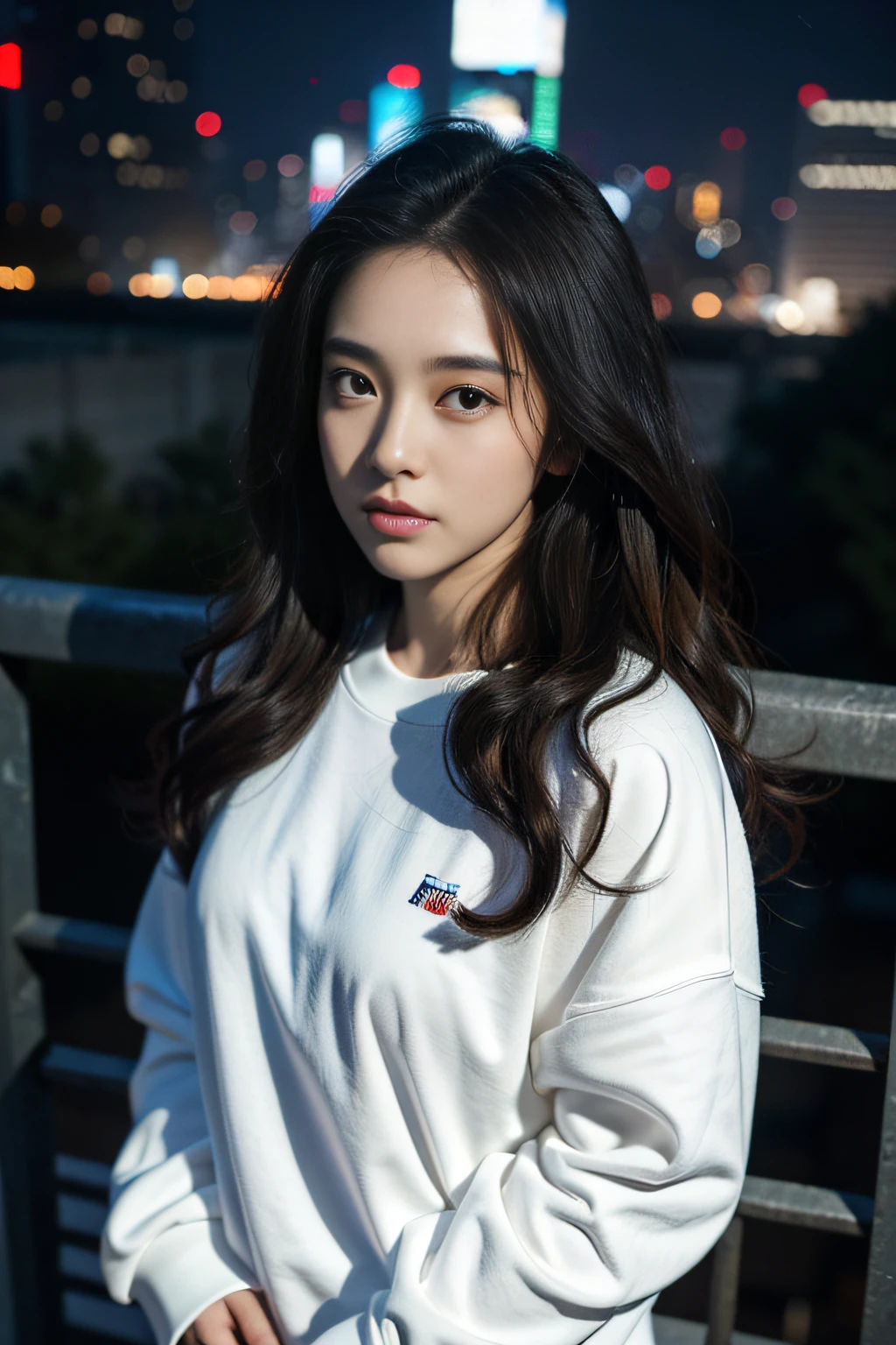 1girl, beautiful, wavy hair, almond eyes, no make up, white sweatshirt, oversize_shirt, in front of fence, tall building, night, cyberpunk vibes, close up, (from above:1.2), (photorealistic:1.2), (ultra realistic:1.3), (very detailed:1.1), ((masterpiece)),