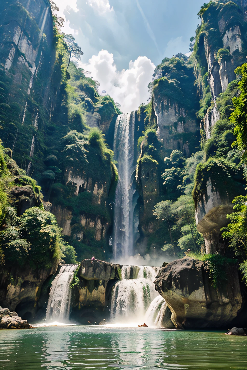Make a tourism poster that highlights Guangxi's characteristics，Highlight Detian Waterfall and Weizhou Island，Green tones predominate，