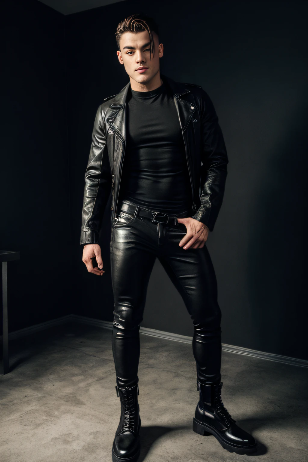 grayson dolan black clothing black boots goth dimly lit gay sexy masterpiece big bulge in view shoes in view full body shot no crop